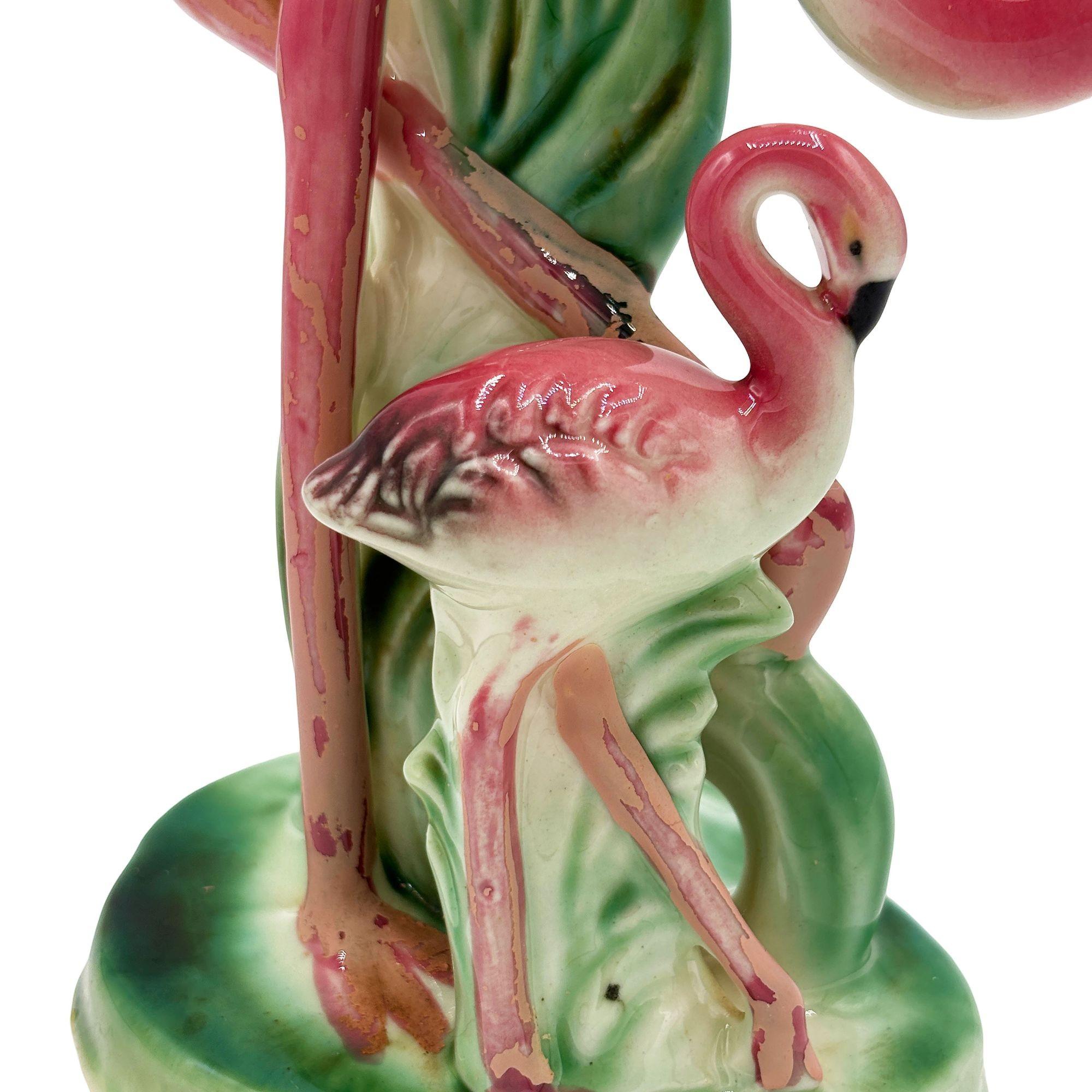 American Mid-century Child & Mother Pink Flamingo Ceramic Tabletop Statue By Leftons For Sale