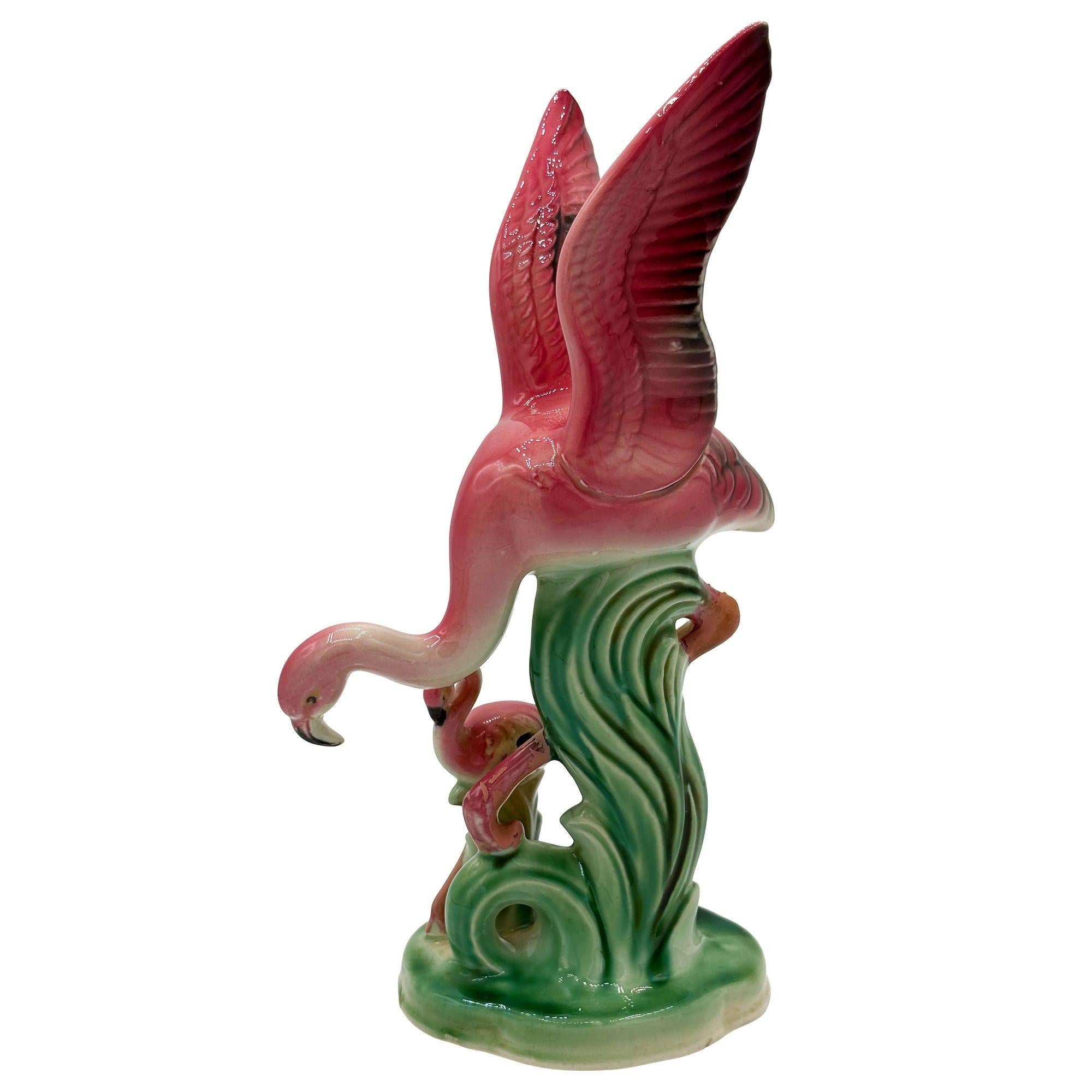 Mid-century Child & Mother Pink Flamingo Ceramic Tabletop Statue By Leftons In Excellent Condition For Sale In Van Nuys, CA