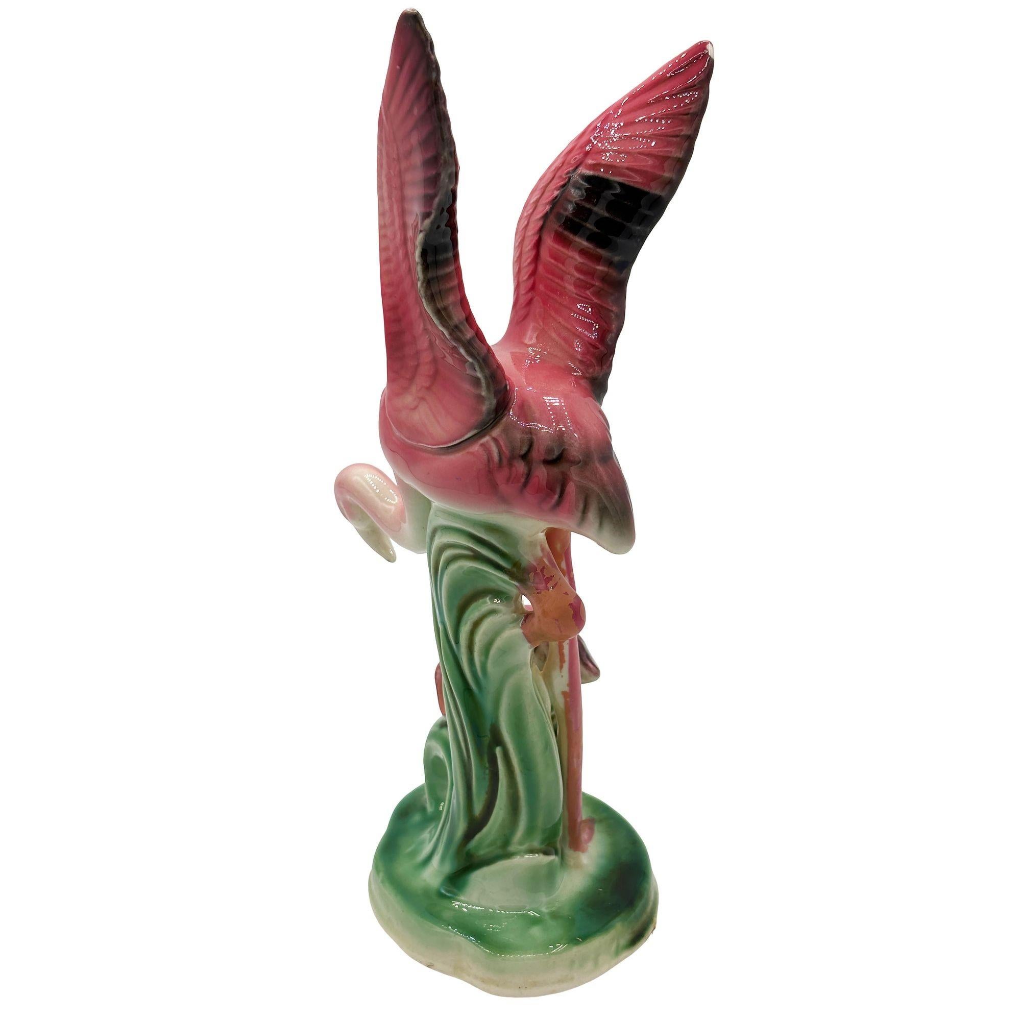 Mid-20th Century Mid-century Child & Mother Pink Flamingo Ceramic Tabletop Statue By Leftons For Sale