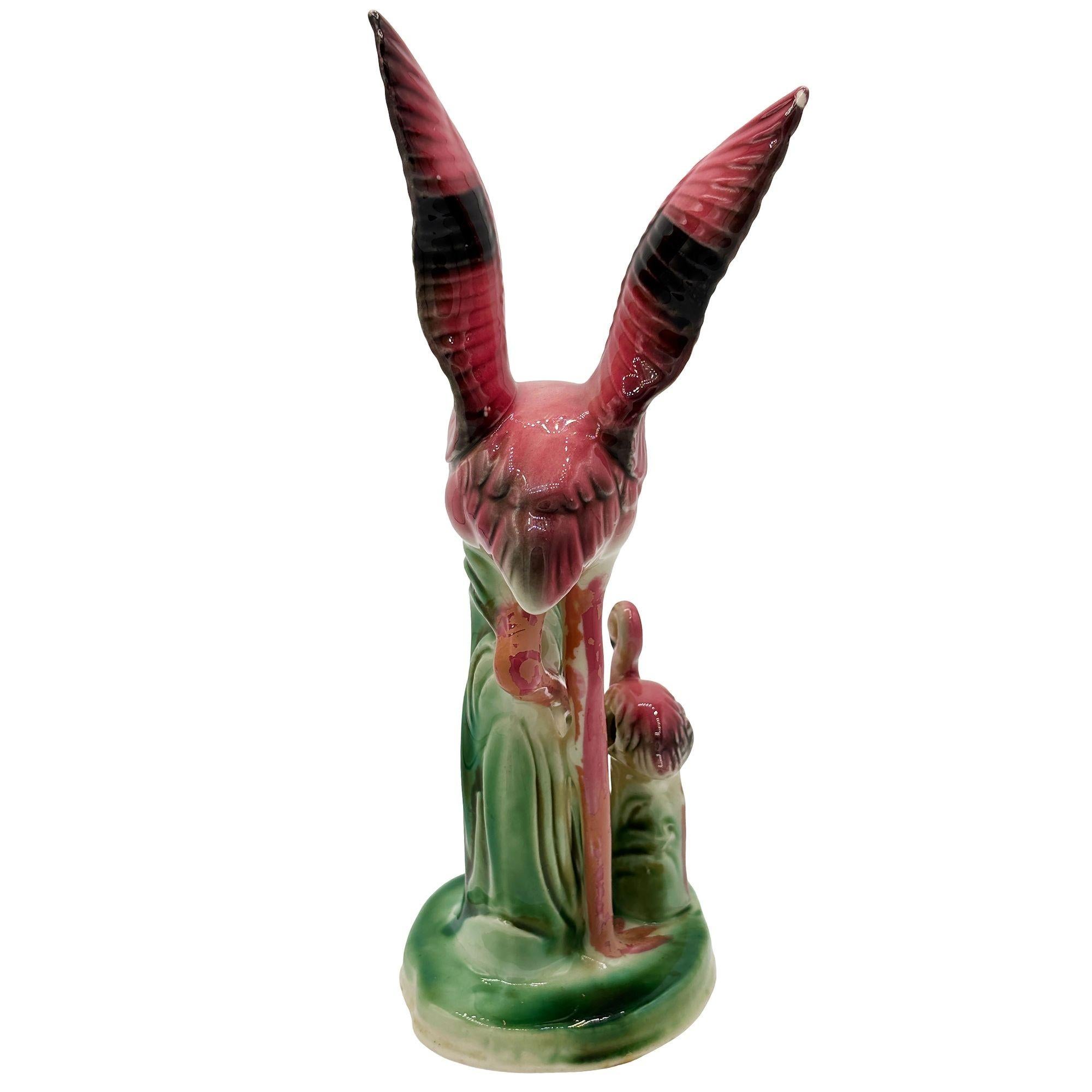 Mid-century Child & Mother Pink Flamingo Ceramic Tabletop Statue By Leftons For Sale 1