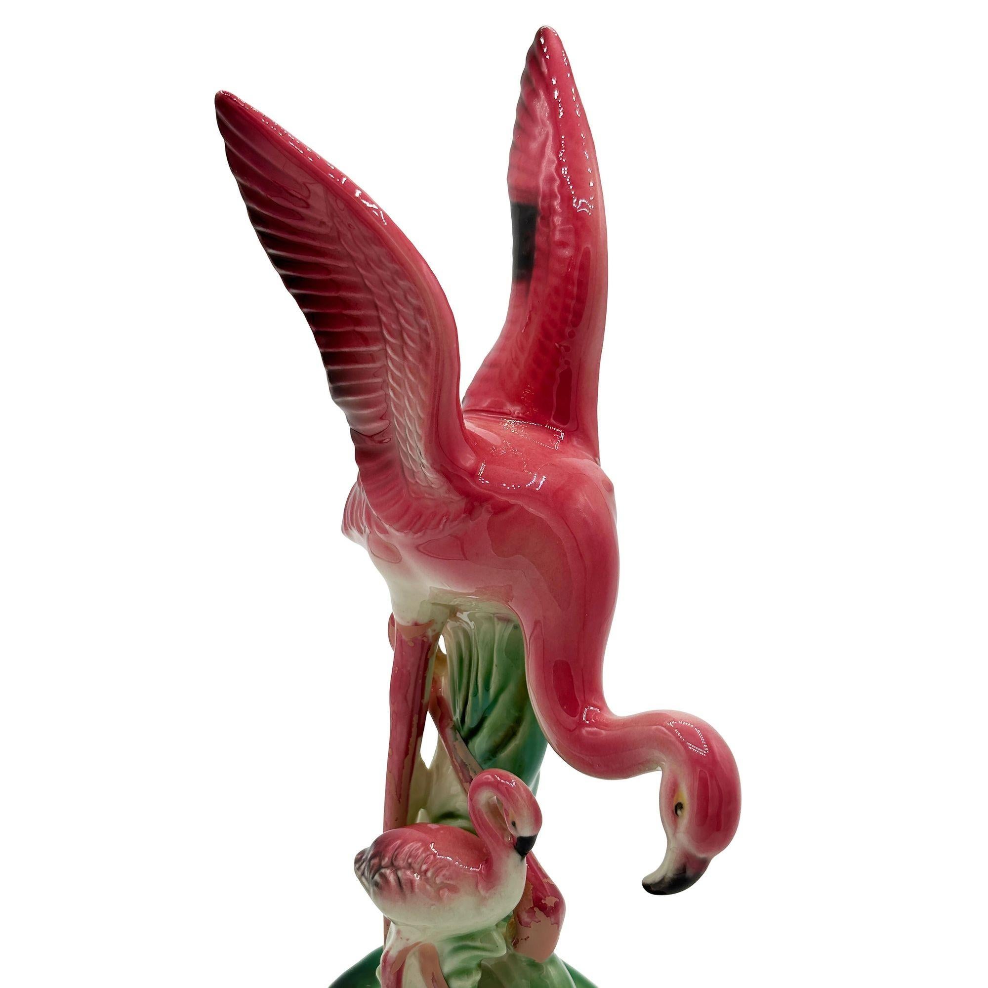 Mid-century Child & Mother Pink Flamingo Ceramic Tabletop Statue By Leftons For Sale 2