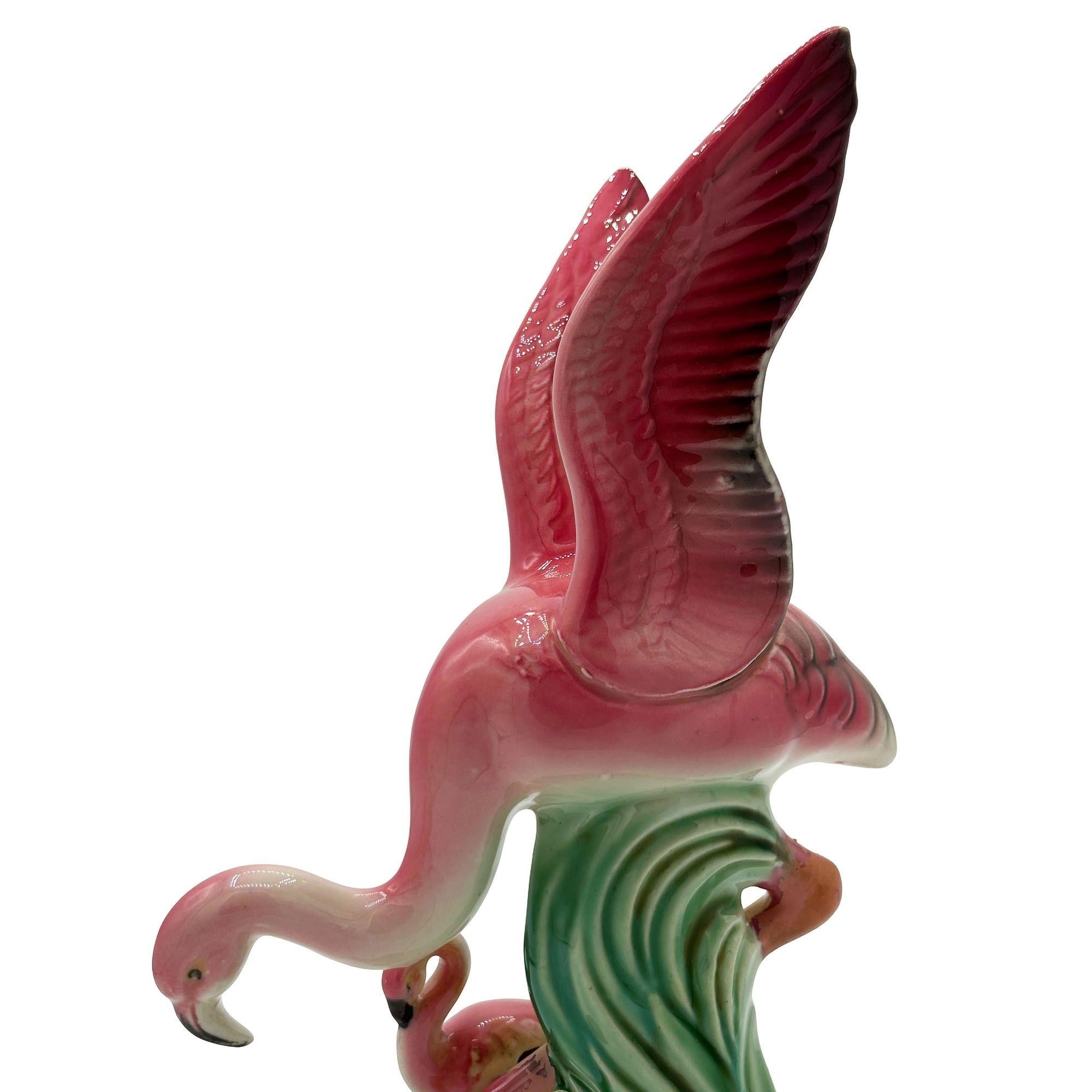 Mid-century Child & Mother Pink Flamingo Ceramic Tabletop Statue By Leftons For Sale 3