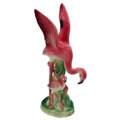 Mid-century Child & Mother Pink Flamingo Ceramic Tabletop Statue By Leftons