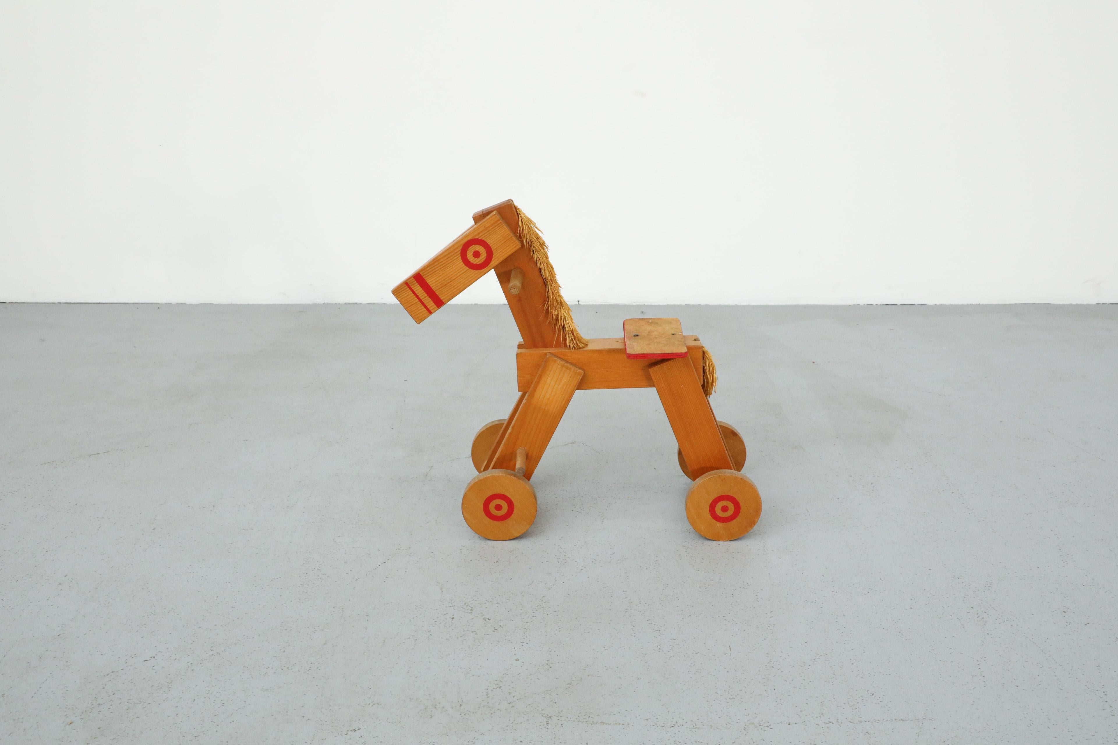 Mid-Century Children's Wooden Pony with Wheels and Red Painted Details For Sale 2