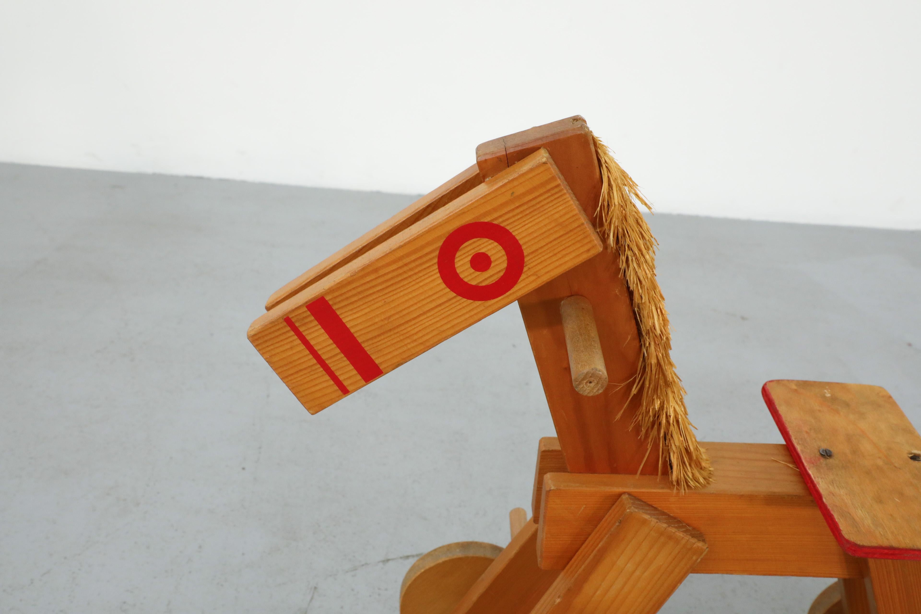 Mid-Century Children's Wooden Pony with Wheels and Red Painted Details For Sale 4