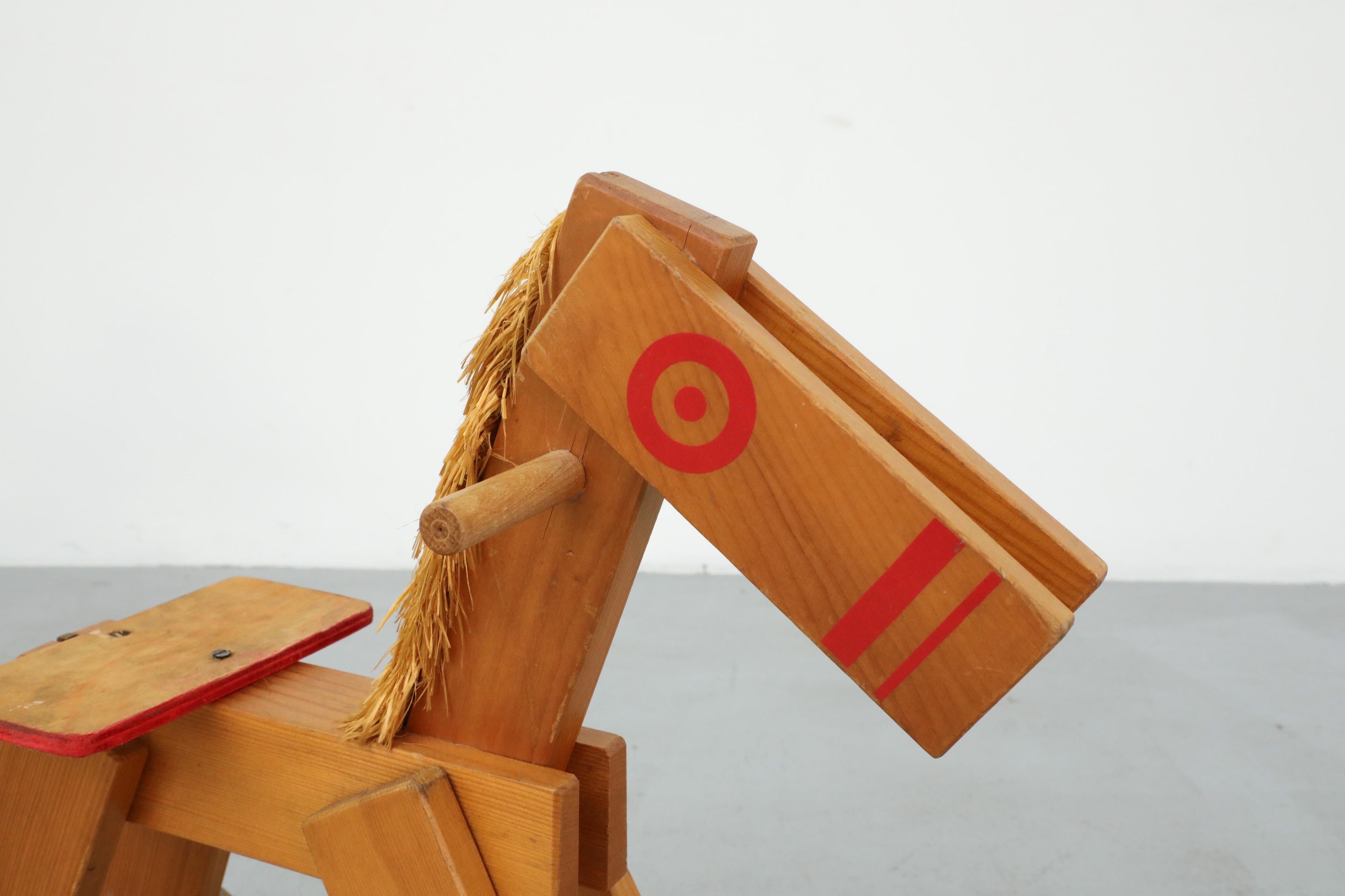 Mid-Century Children's Wooden Pony with Wheels and Red Painted Details For Sale 5