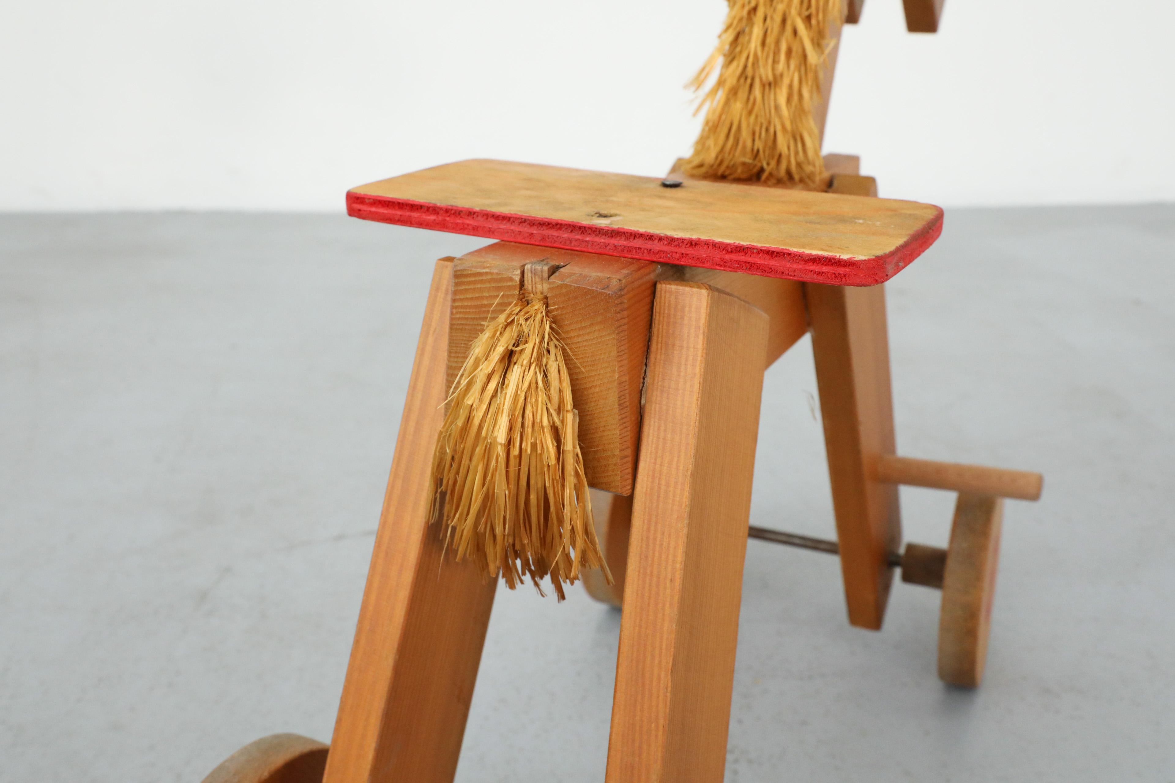 Mid-Century Children's Wooden Pony with Wheels and Red Painted Details For Sale 8