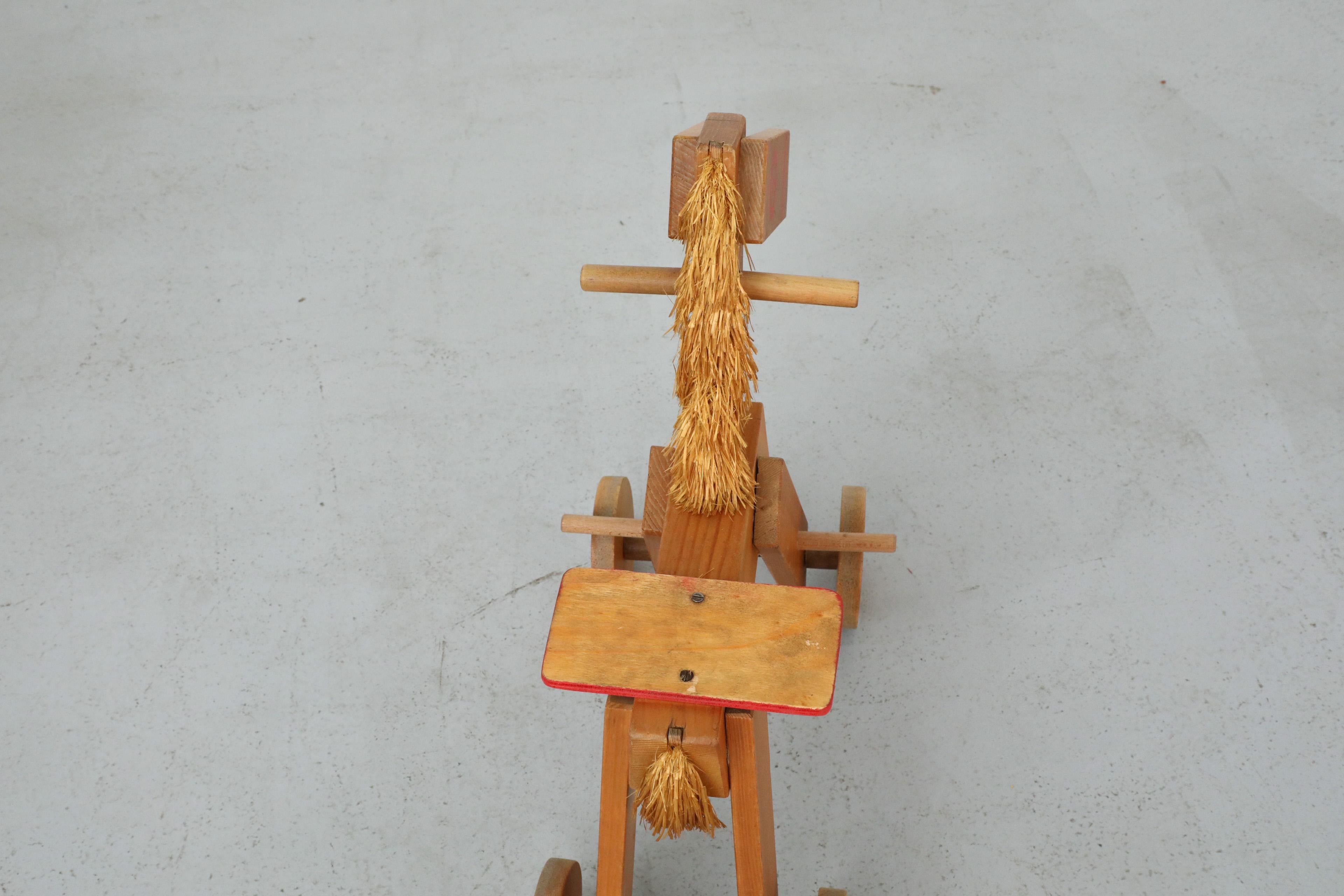 Mid-Century Children's Wooden Pony with Wheels and Red Painted Details For Sale 9