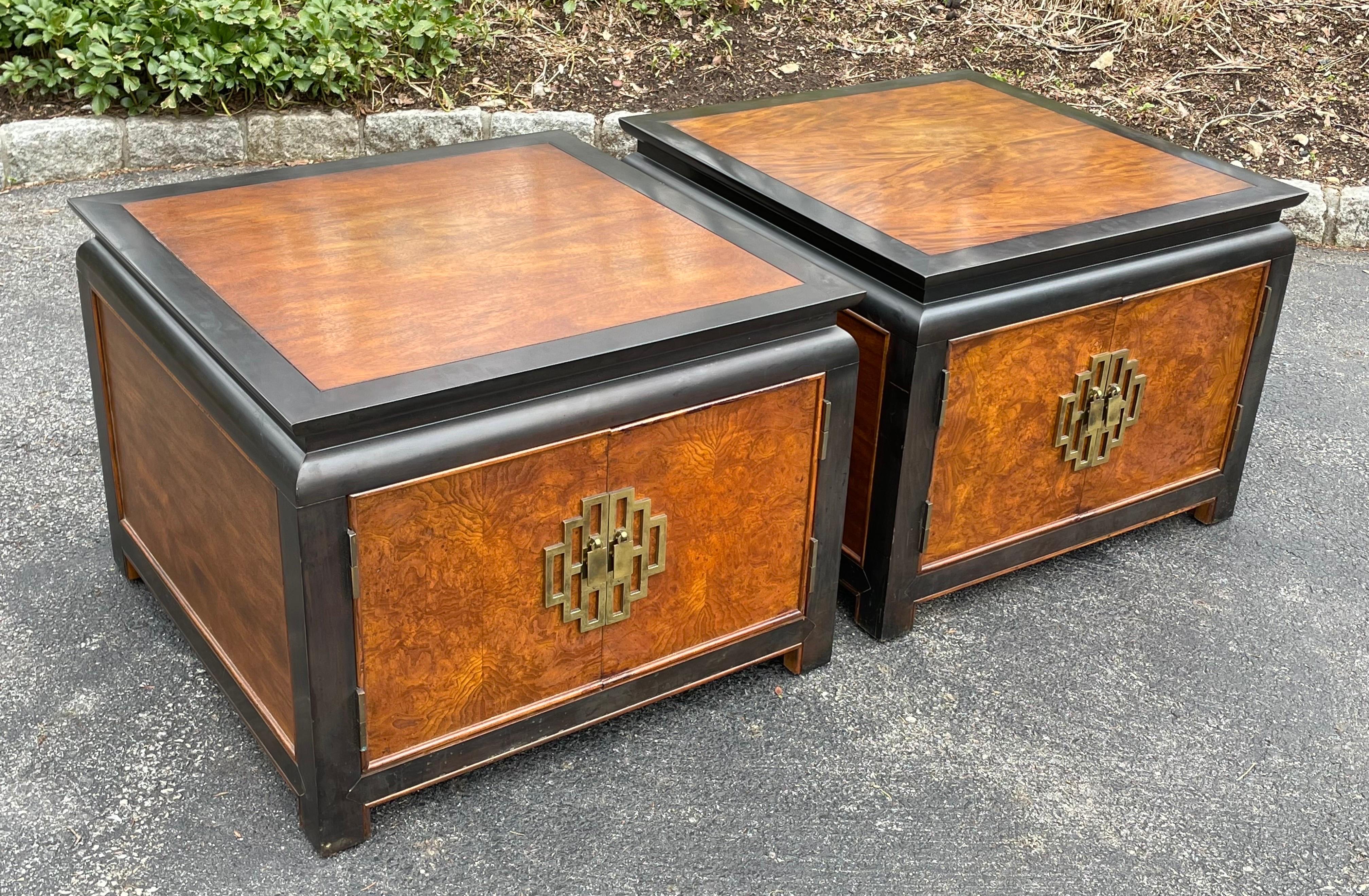 Beautiful pair of Hollywood Regency side tables or nightstands by Raymond Sobota for Century Furniture.