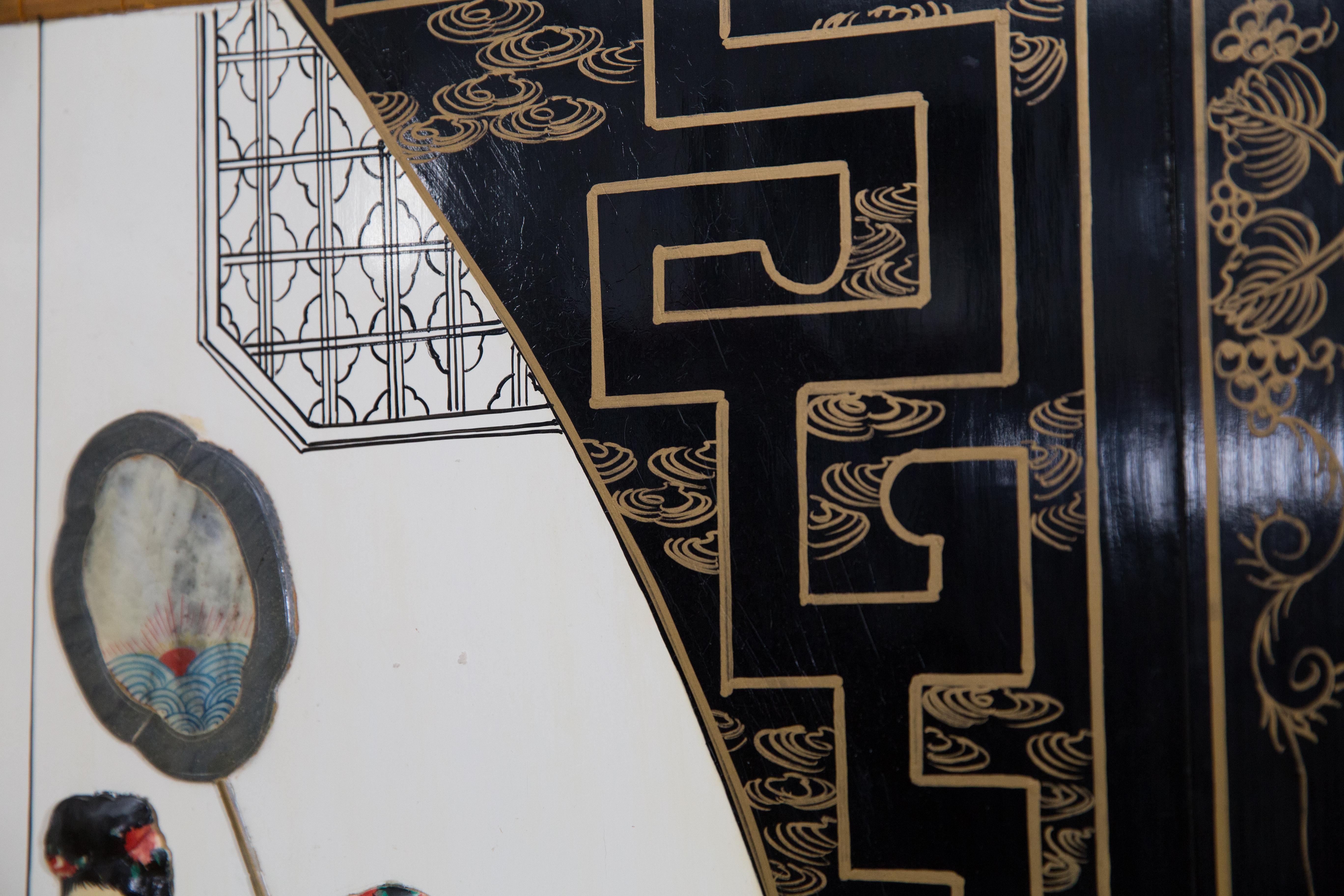 20th Century Mid Century Chinese 4 Fold Hand Painted Screen Set With Carved Hardstones
