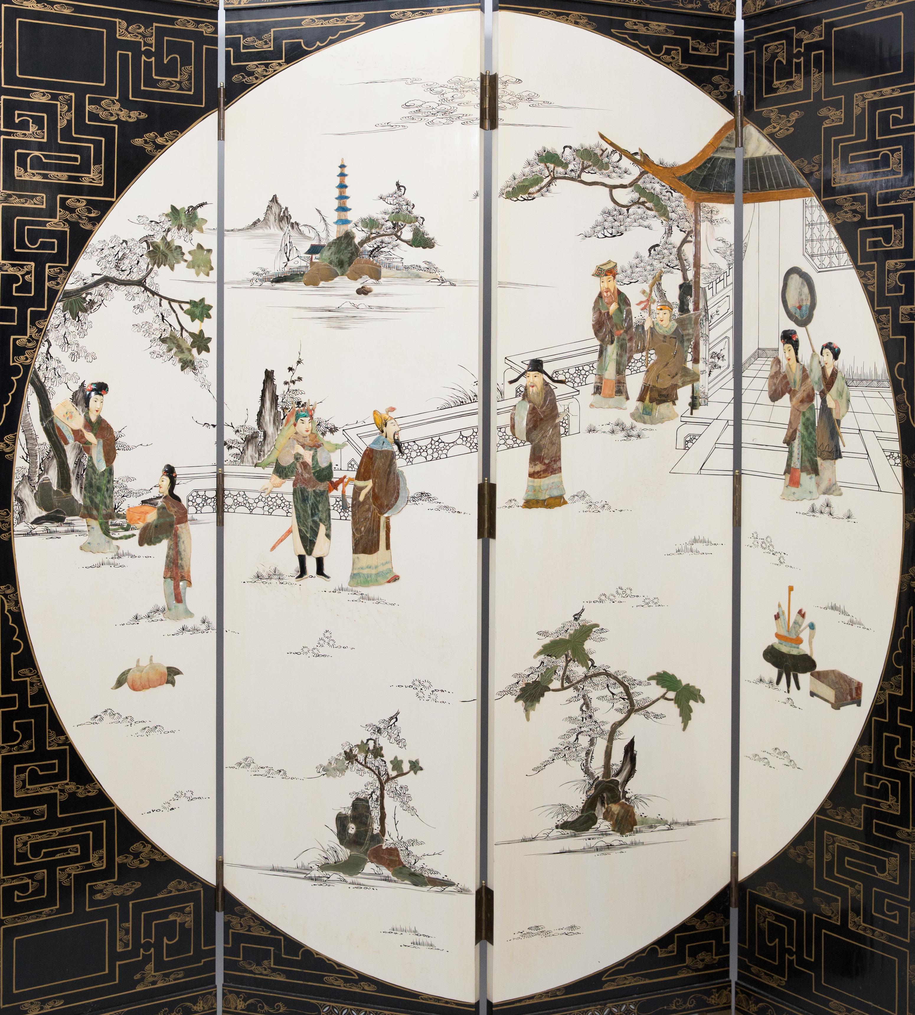 Precious Stone Mid Century Chinese 4 Fold Hand Painted Screen Set With Carved Hardstones 