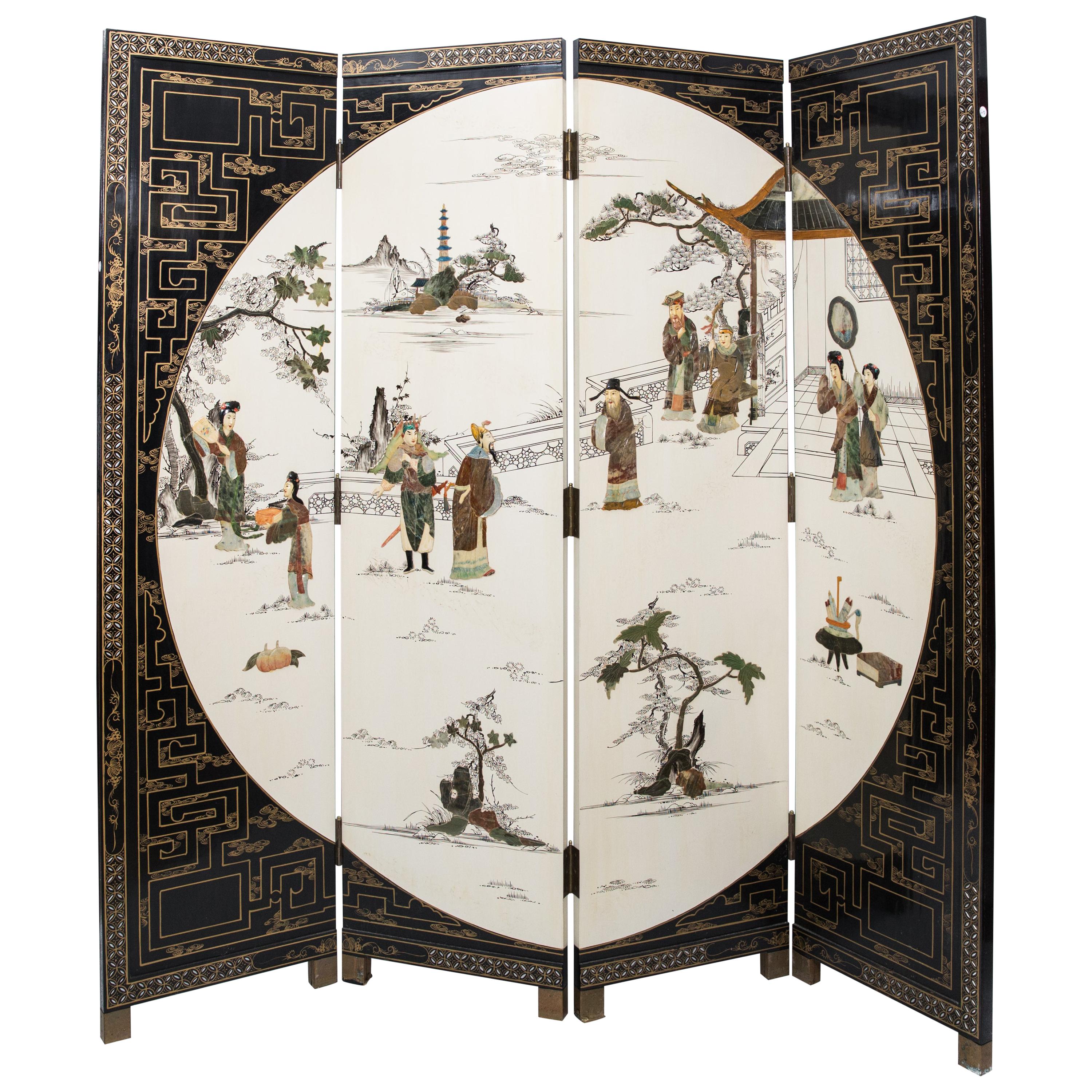 Mid Century Chinese 4 Fold Hand Painted Screen Set With Carved Hardstones 