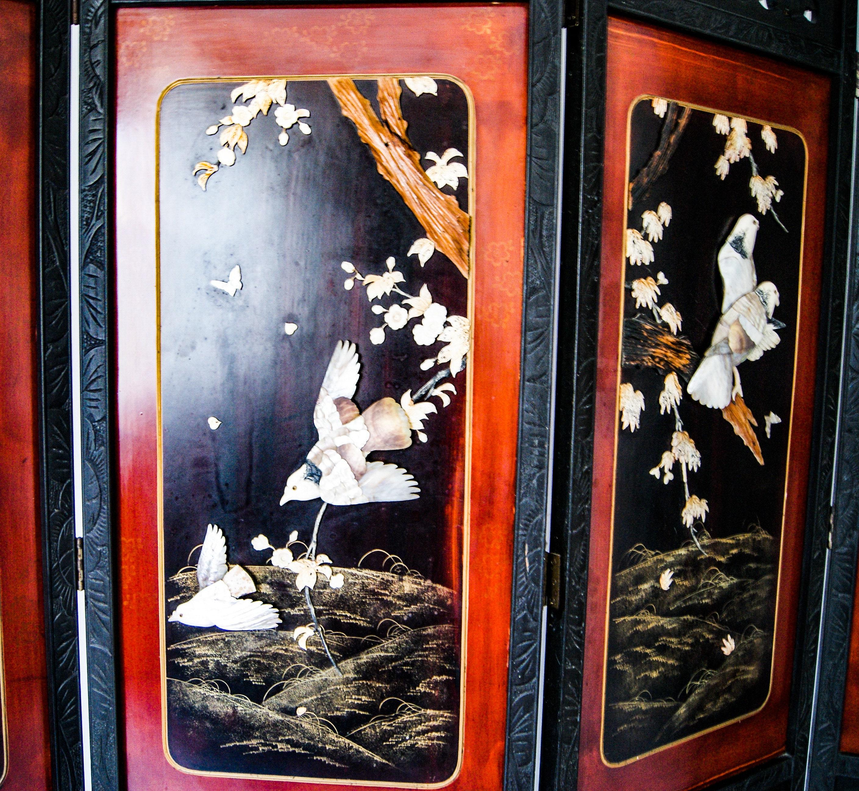 1930s Japanese 4 Panel Carved Soapstone Room Divider Screen In Good Condition In Torquay, GB