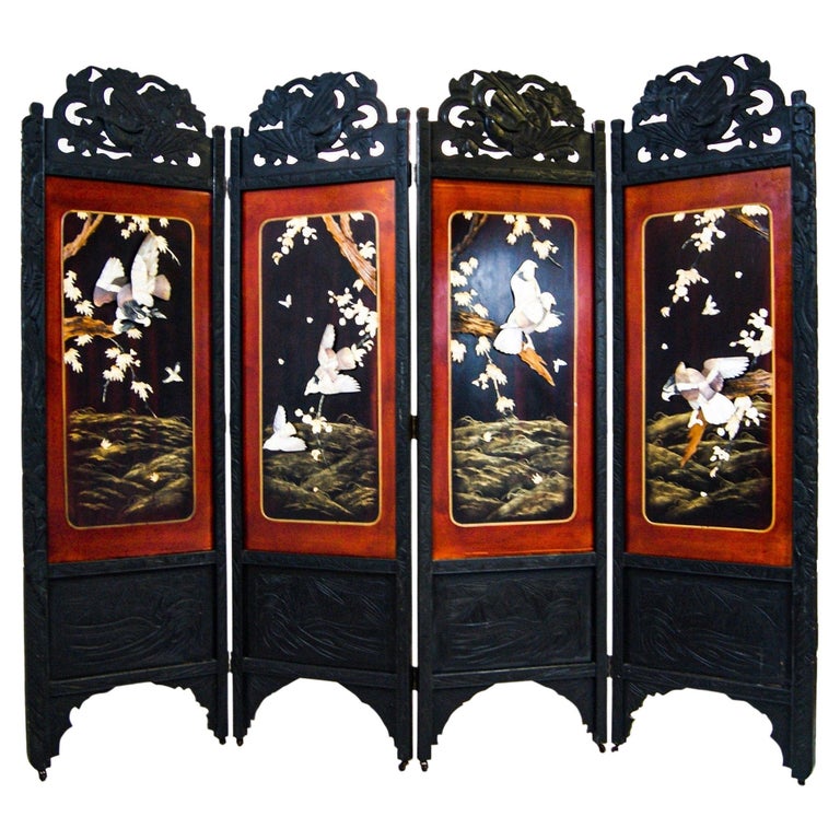 Midcentury Chinese 4 Panel Carved Soapstone Brutalist Room Divider