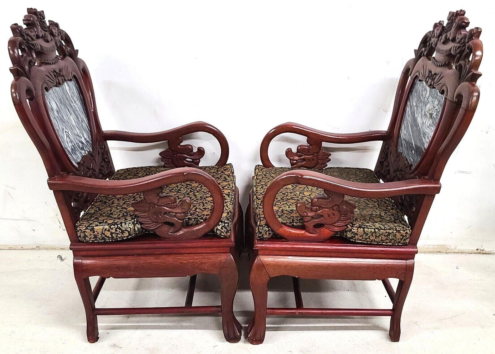 Mid Century Chinese Asian Rosewood & Marble Armchairs, a Pair 4