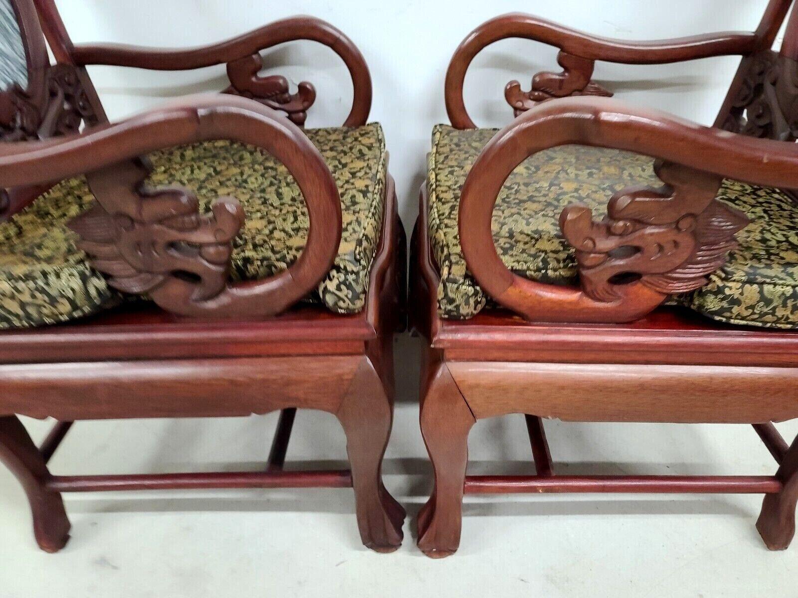 Mid Century Chinese Asian Rosewood & Marble Armchairs, a Pair 5