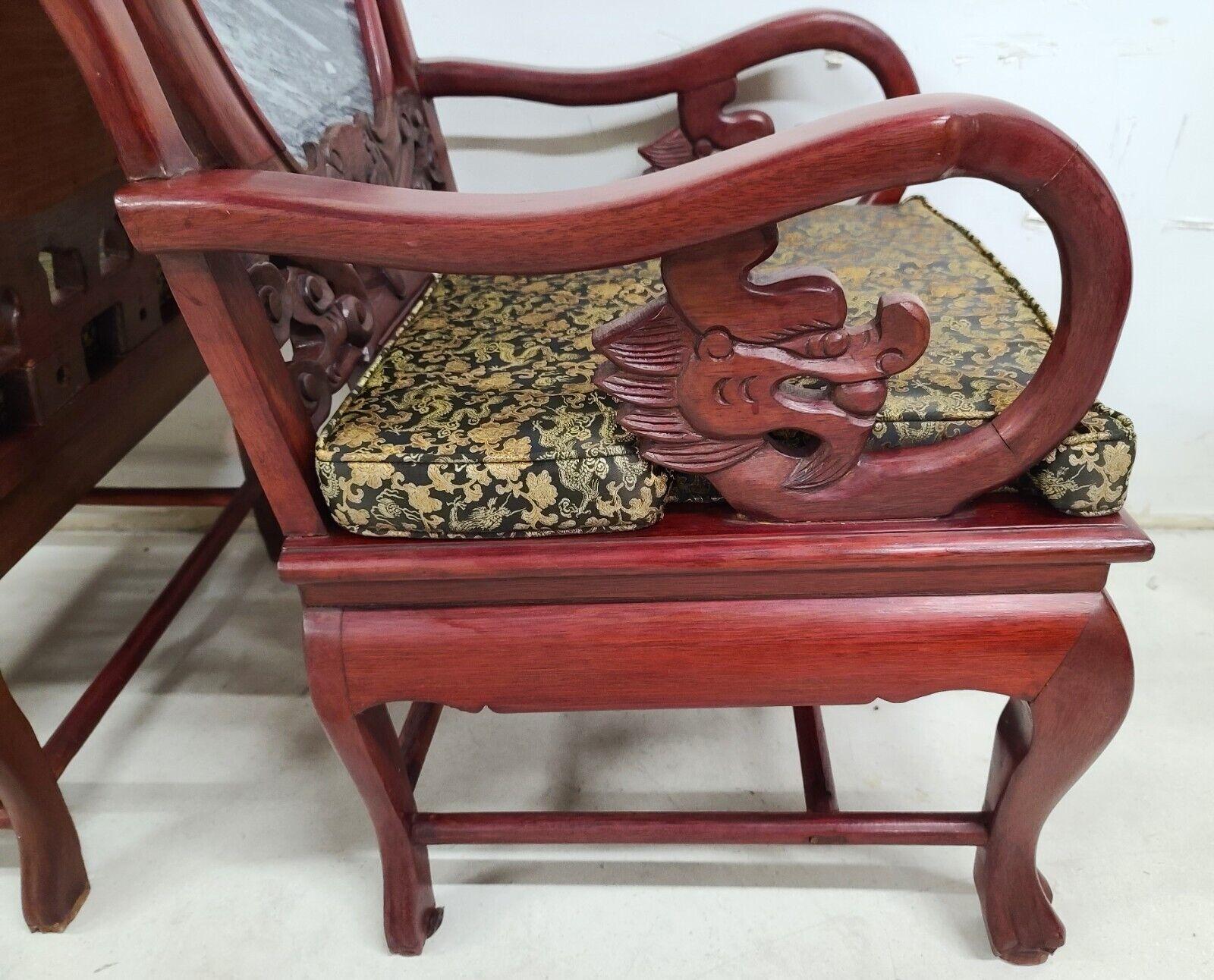 Carved Mid Century Chinese Asian Rosewood & Marble Armchairs, a Pair