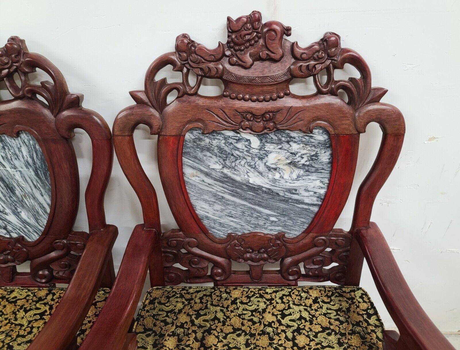 20th Century Mid Century Chinese Asian Rosewood & Marble Armchairs, a Pair