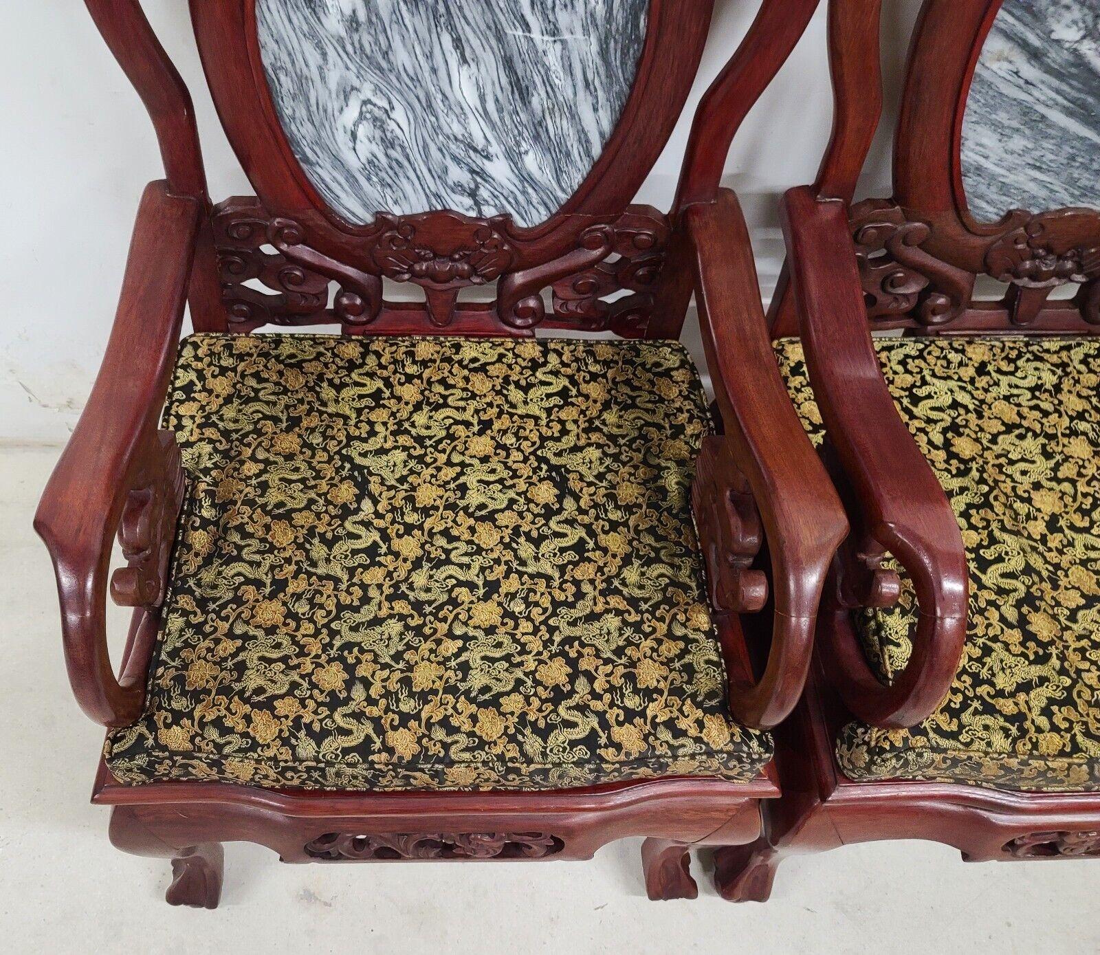 Mid Century Chinese Asian Rosewood & Marble Armchairs, a Pair 1
