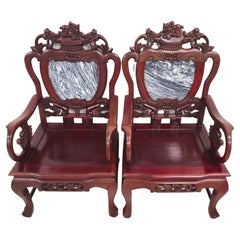 Mid Century Chinese Asian Rosewood & Marble Armchairs, a Pair