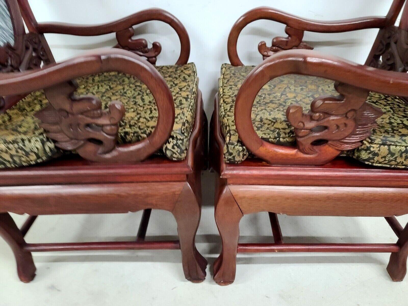 Mid Century Chinese Asian Rosewood & Marble Armchairs Pair For Sale 6