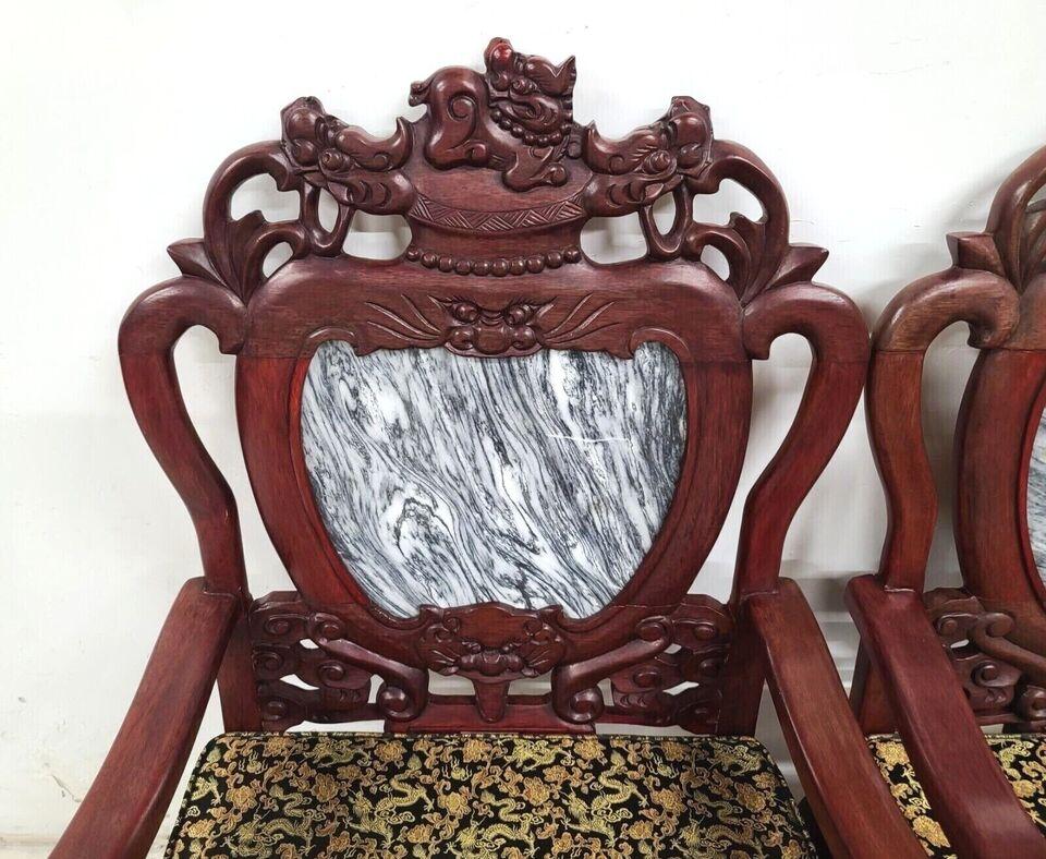 20th Century Mid Century Chinese Asian Rosewood & Marble Armchairs Pair For Sale