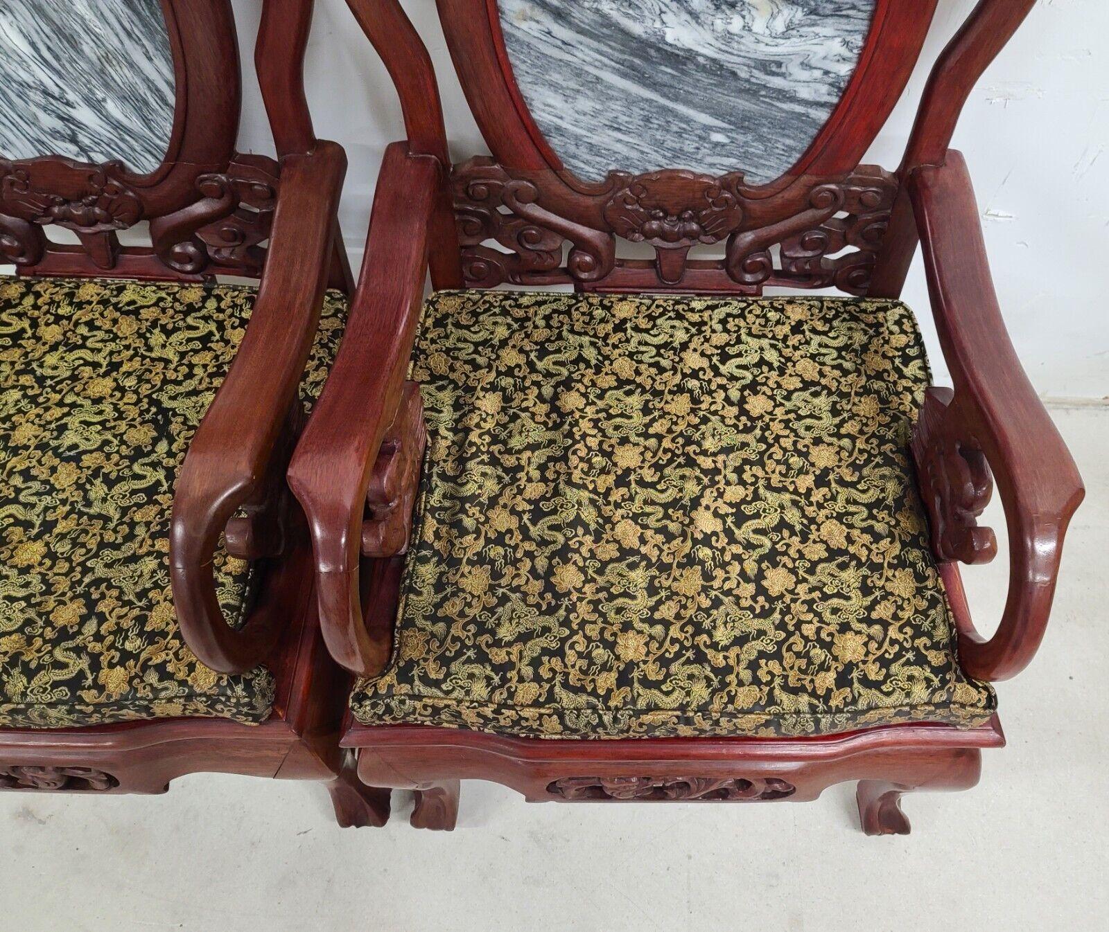 Mid Century Chinese Asian Rosewood & Marble Armchairs Pair For Sale 3