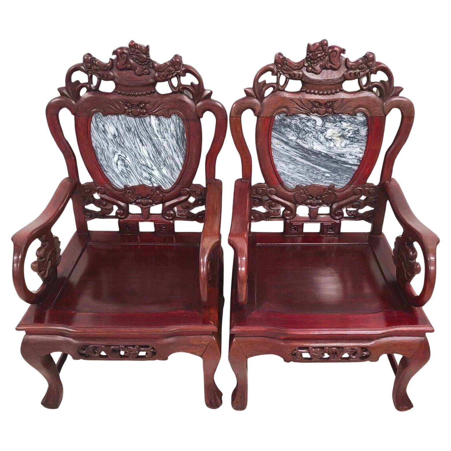 Mid Century Chinese Asian Rosewood & Marble Armchairs Pair For Sale