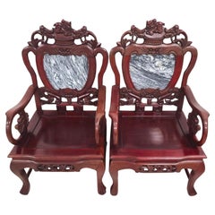 Mid Century Chinese Asian Rosewood & Marble Armchairs Pair