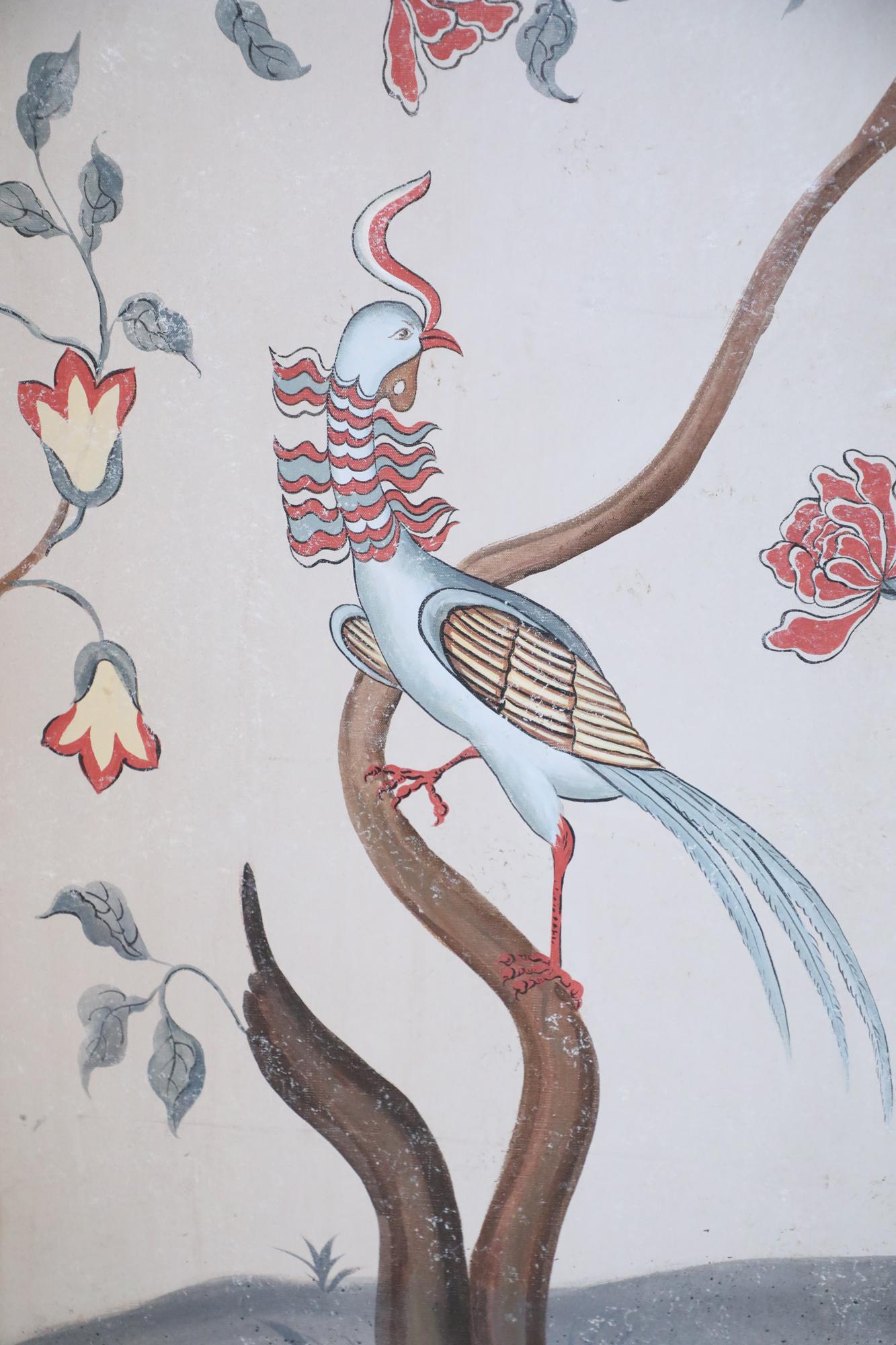 Paravent chinois à quatre panneaux beige et arbre à fleurs du milieu du siècle dernier en vente 5