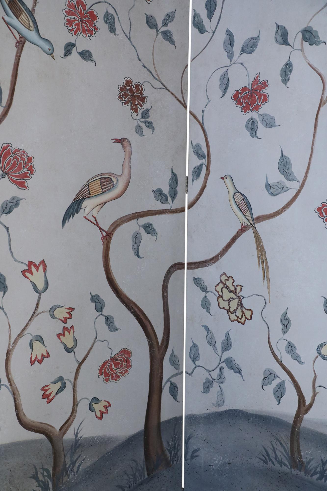 Mid-Century Chinese Beige and Flowering Tree Four Panel Screen For Sale 6