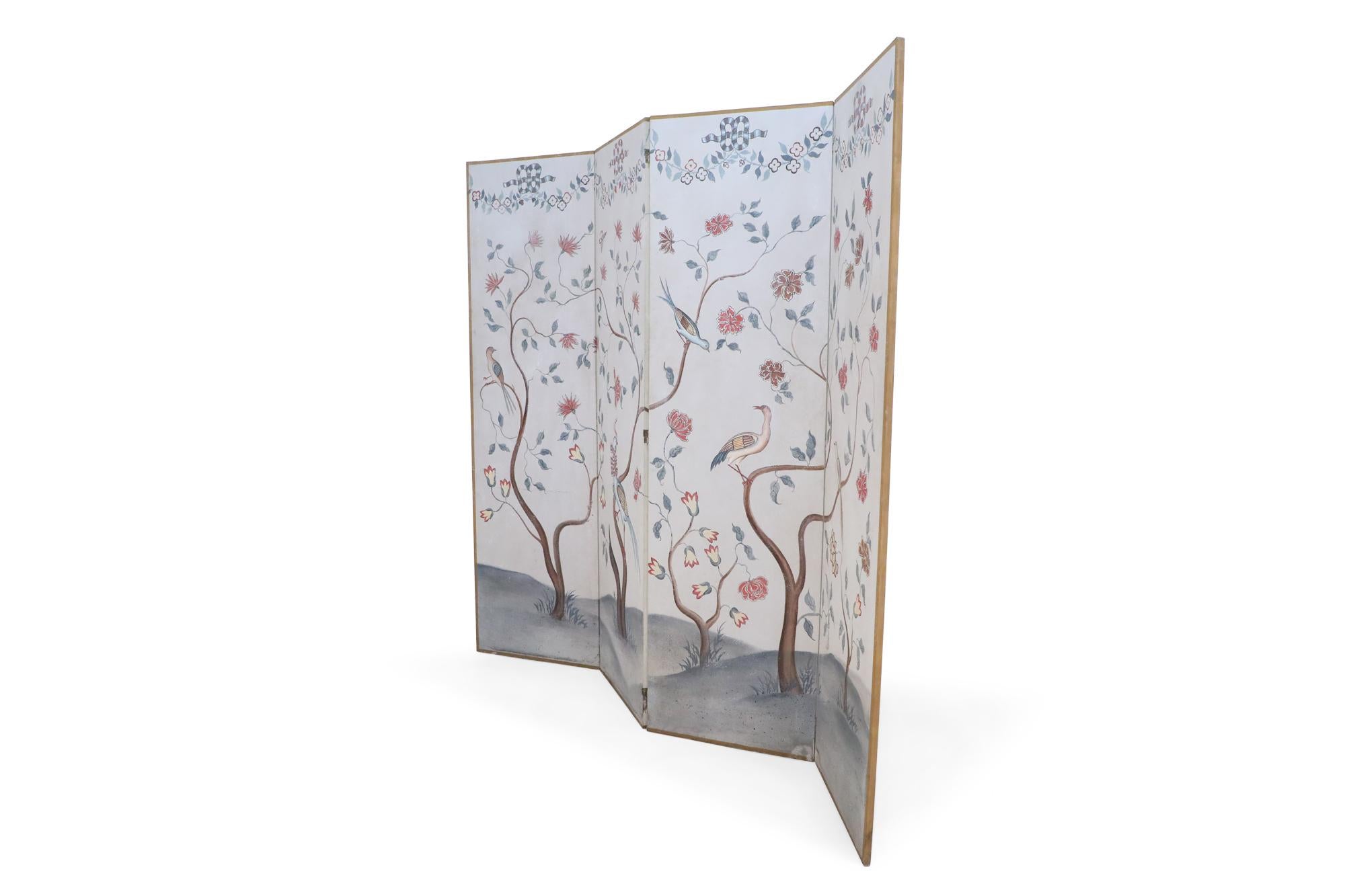 Mid-century Chinese four-paneled beige folding screen crafted in canvas-covered wood, painted with birds perched in flowering trees growing from the earth and a red and green floral garland stretching across the entirety of the top.