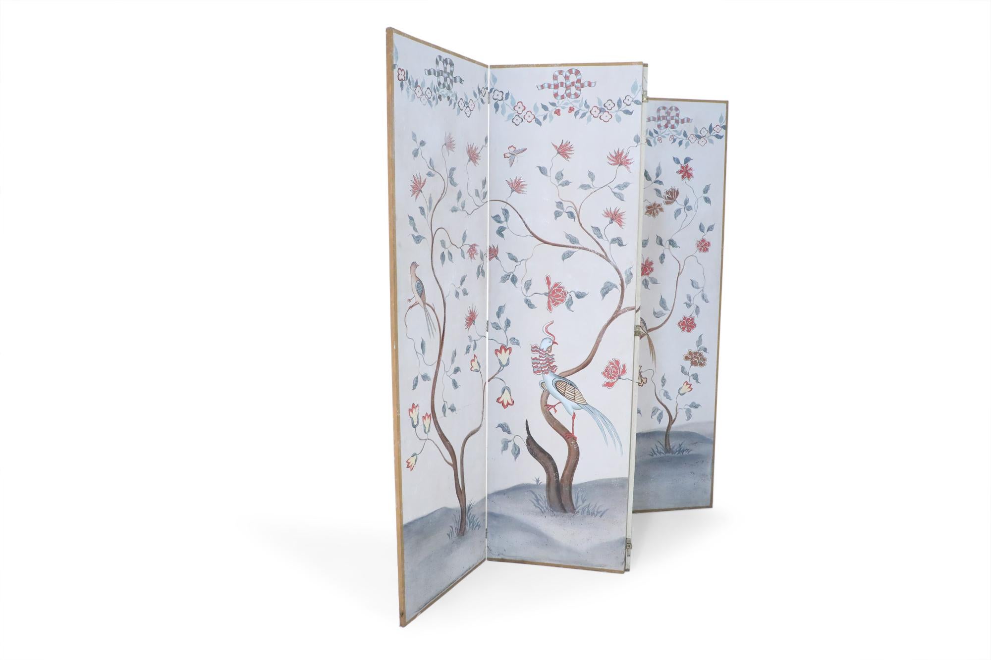 Mid-Century Chinese Beige and Flowering Tree Four Panel Screen For Sale 2