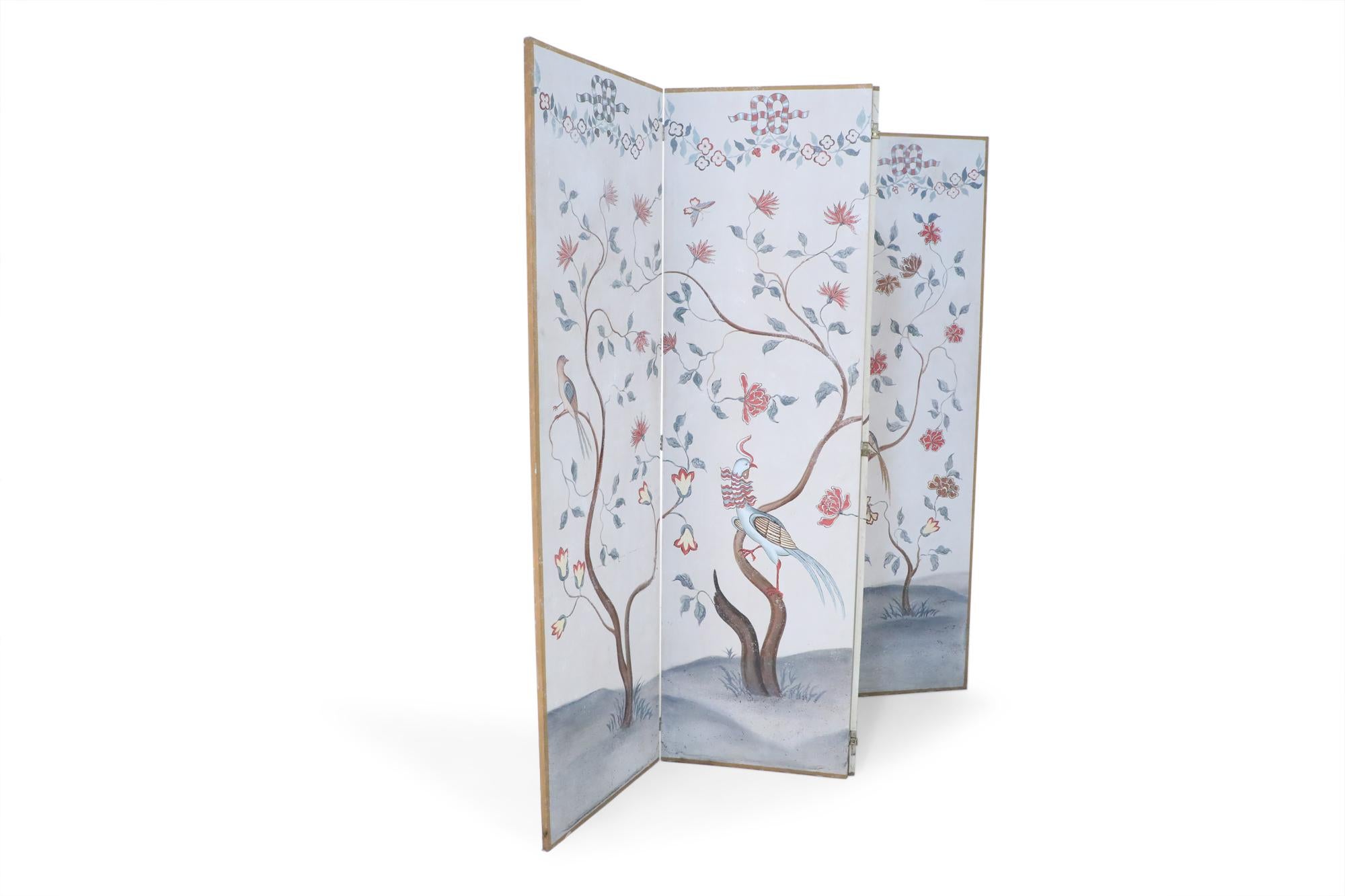 Paravent chinois à quatre panneaux beige et arbre à fleurs du milieu du siècle dernier en vente 2