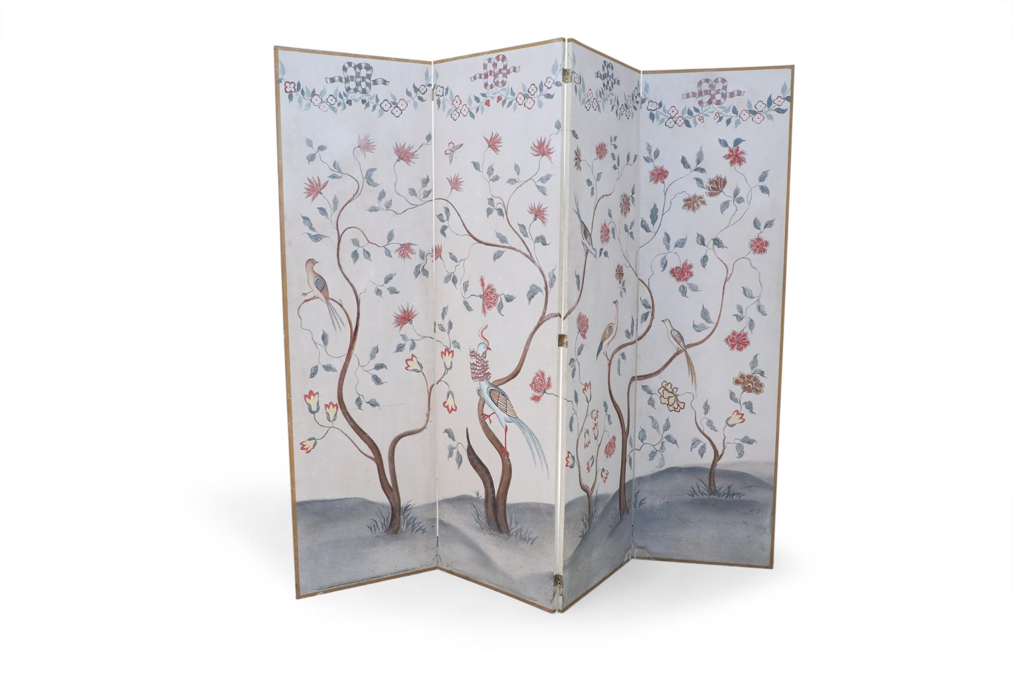 Mid-Century Chinese Beige and Flowering Tree Four Panel Screen For Sale 3