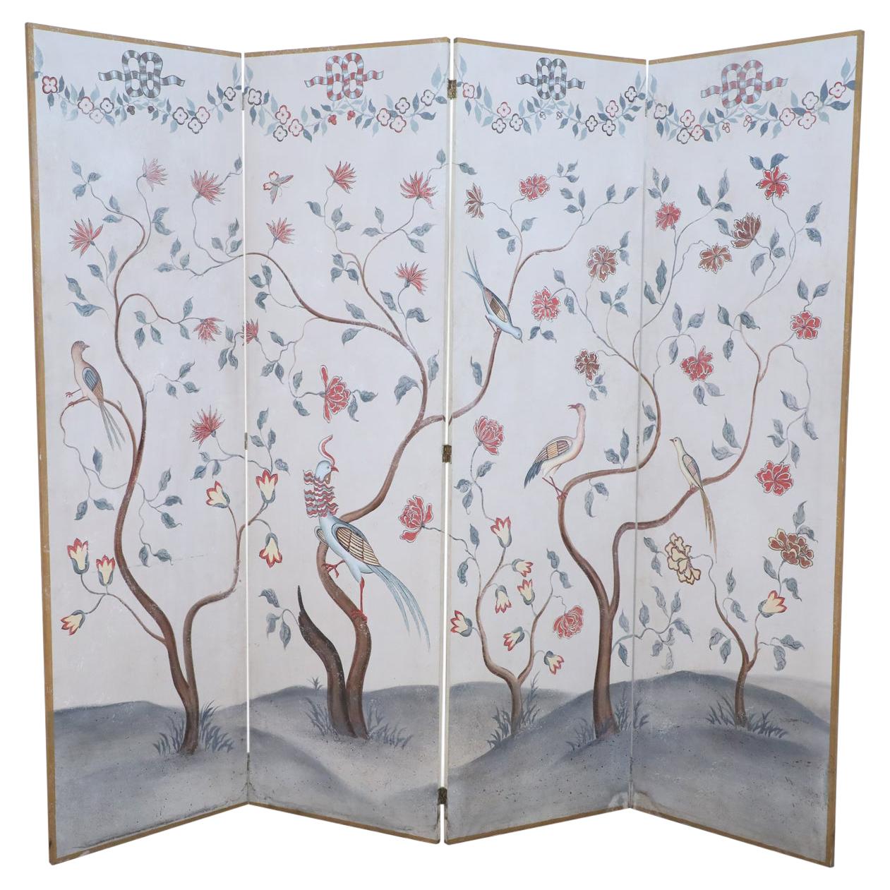 Mid-Century Chinese Beige and Flowering Tree Four Panel Screen
