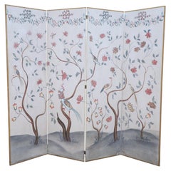 Mid-Century Chinese Beige and Flowering Tree Four Panel Screen