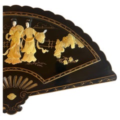 Mid Century Chinese Black Lacquer Mother of Pearl Decorative Wall Fan