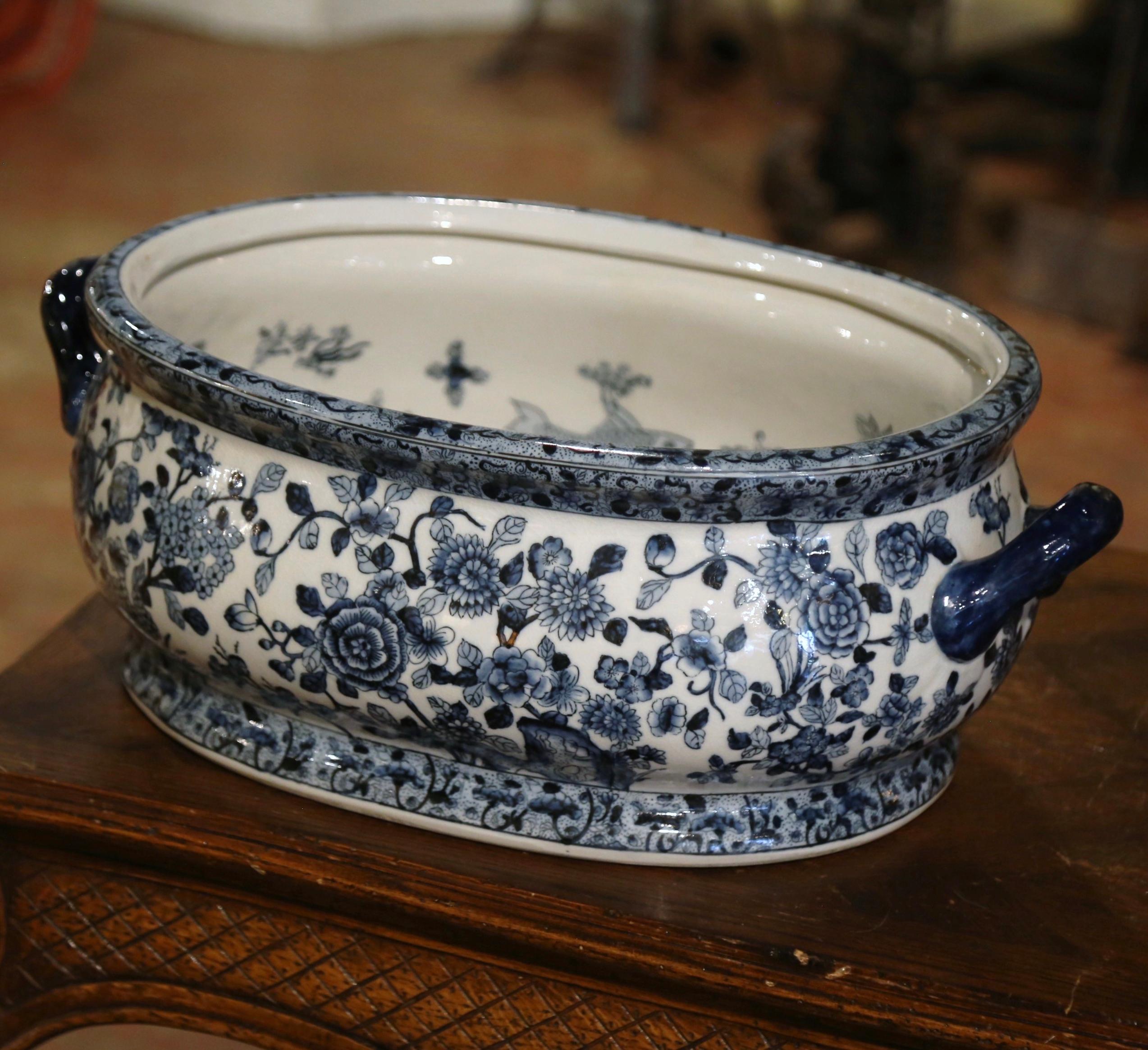 20th Century Mid-Century Chinese Blue and White Painted Porcelain Foot Bath Bowl For Sale