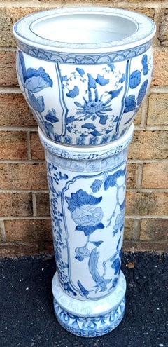 Mid-Century Chinese Blue and White Porcelain Vase and Pedestal, a Set