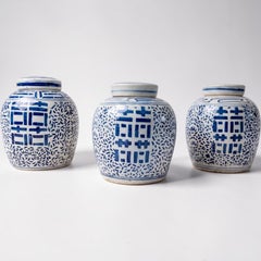 Mid-Century Chinese Blue & White Double Happiness Pottery Ginger Jars - S/3