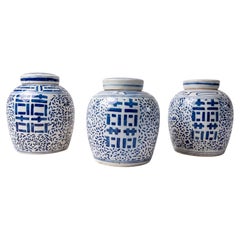 Mid-Century Chinese Blue & White Double Happiness Pottery Ginger Jars - S/3