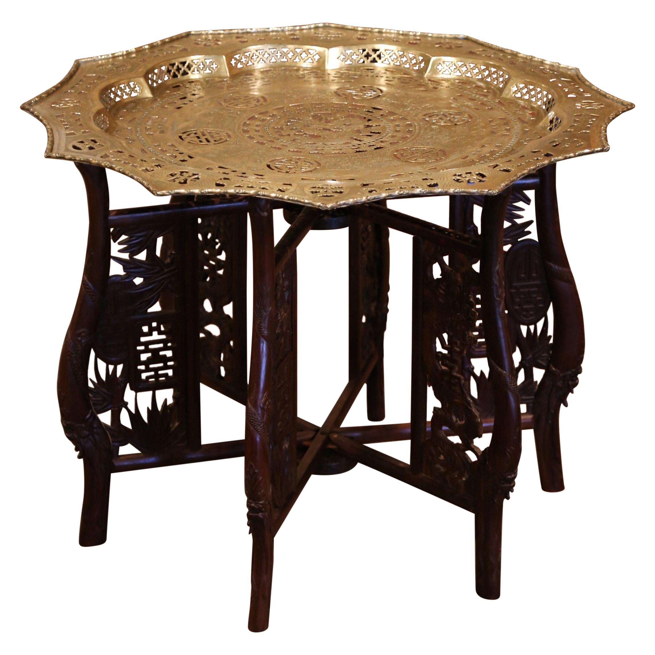 Mid-Century Chinese Brass Tray Table with Carved Folding Base