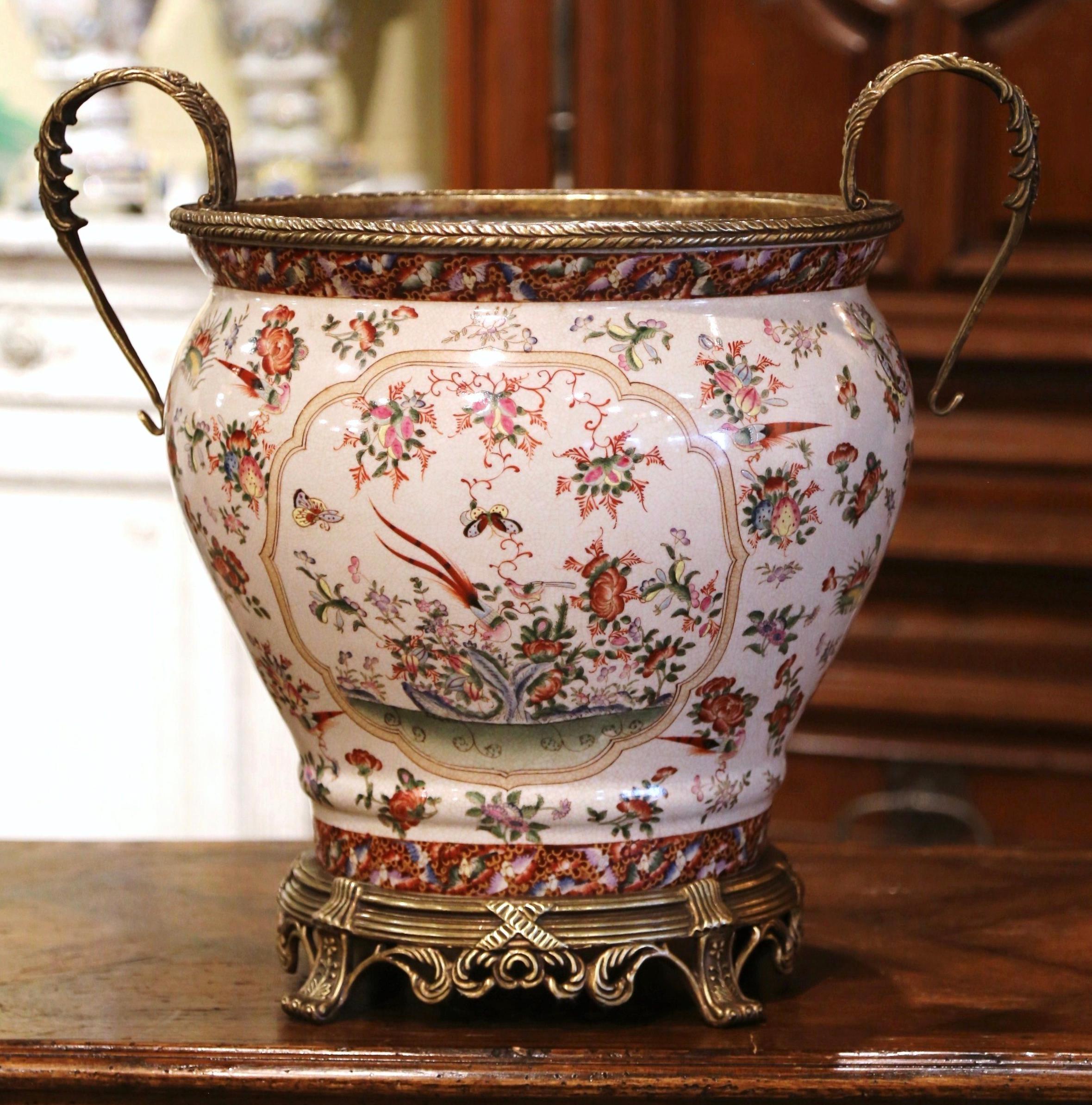 Hand-Crafted Mid-Century Chinese Bronze and Painted Porcelain Planter with Butterfly Motifs