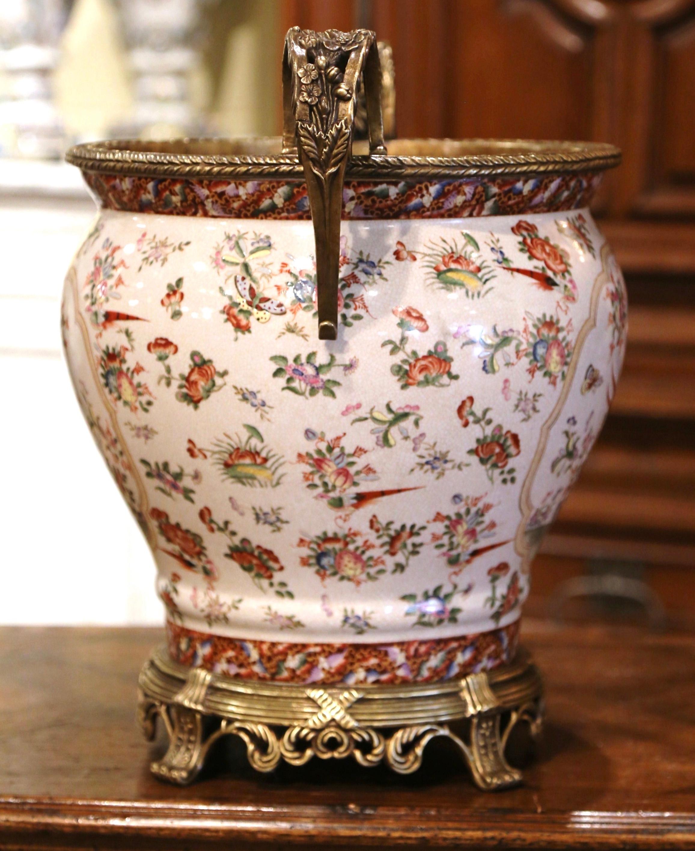 Mid-Century Chinese Bronze and Painted Porcelain Planter with Butterfly Motifs In Excellent Condition In Dallas, TX