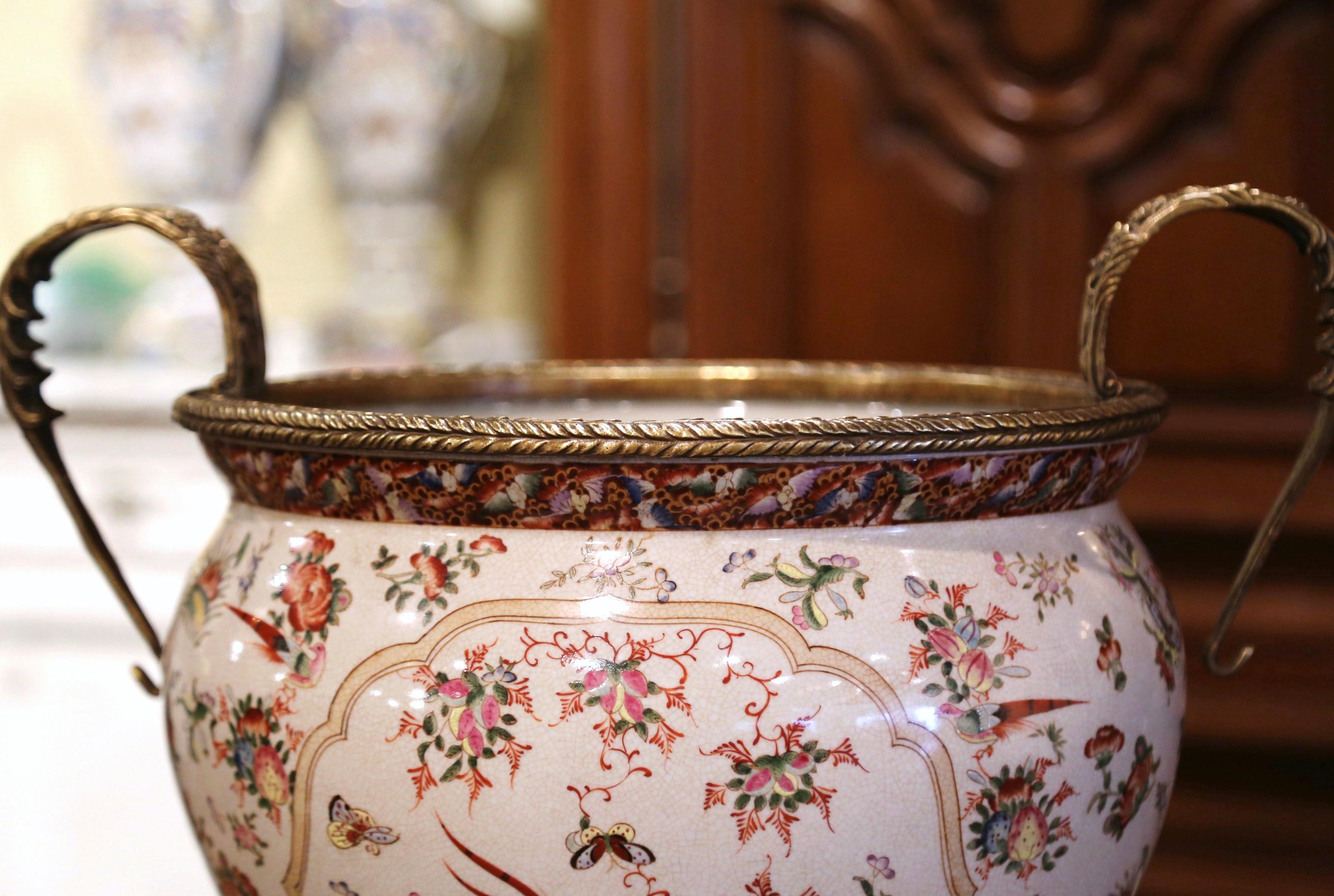 20th Century Mid-Century Chinese Bronze and Painted Porcelain Planter with Butterfly Motifs