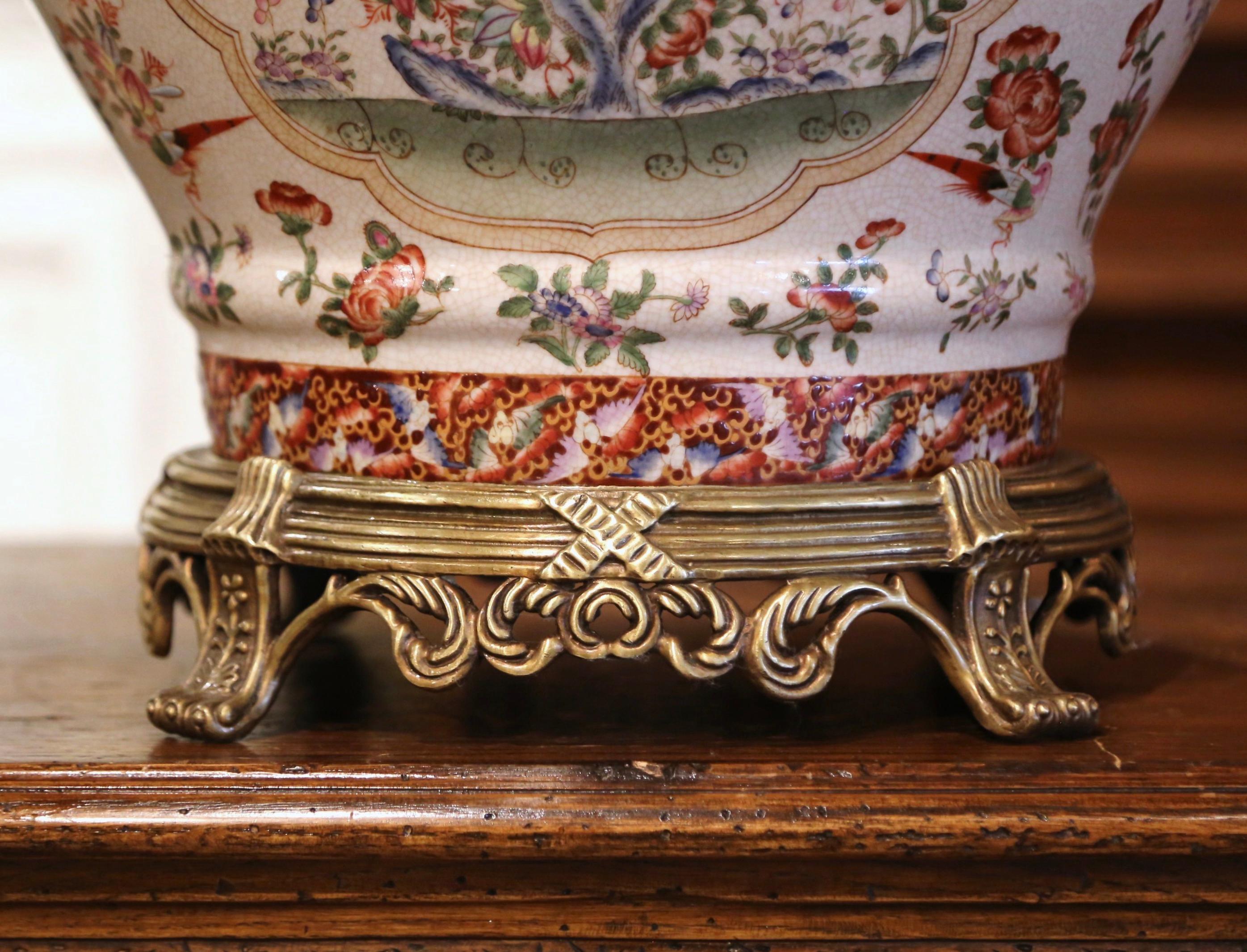 Mid-Century Chinese Bronze and Painted Porcelain Planter with Butterfly Motifs 2