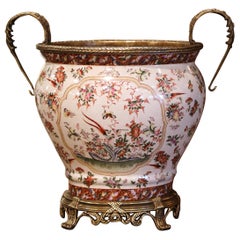 Mid-Century Chinese Bronze and Painted Porcelain Planter with Butterfly Motifs