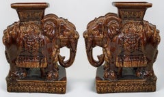 Mid-Century Chinese Brown Majolica Glazed Elephant Garden Seats / Tables - Pair