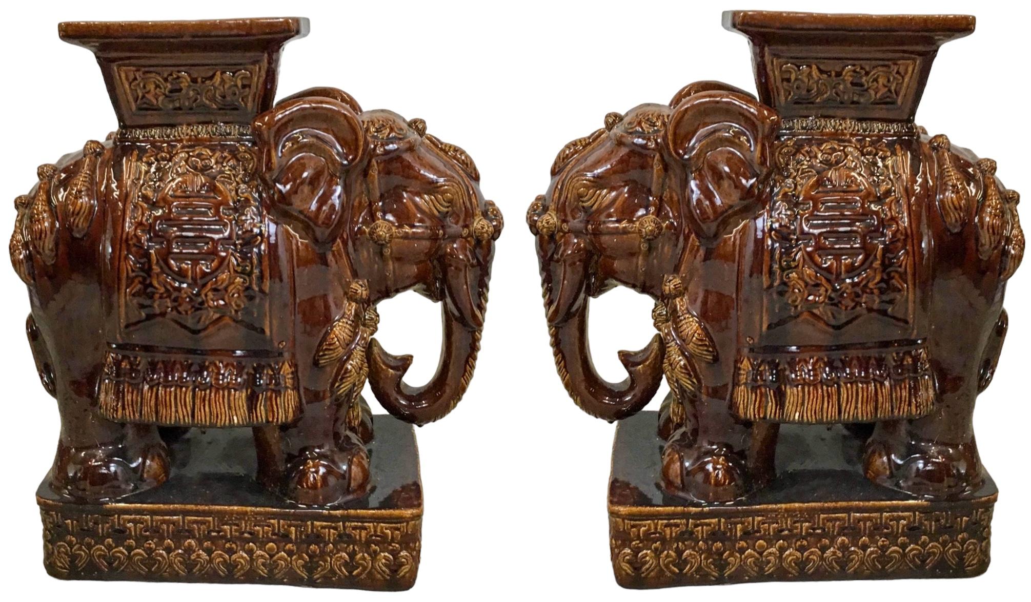 Ceramic Mid-Century Chinese Brown Majolica Glazed Elephant Garden Seats / Tables - Pair For Sale
